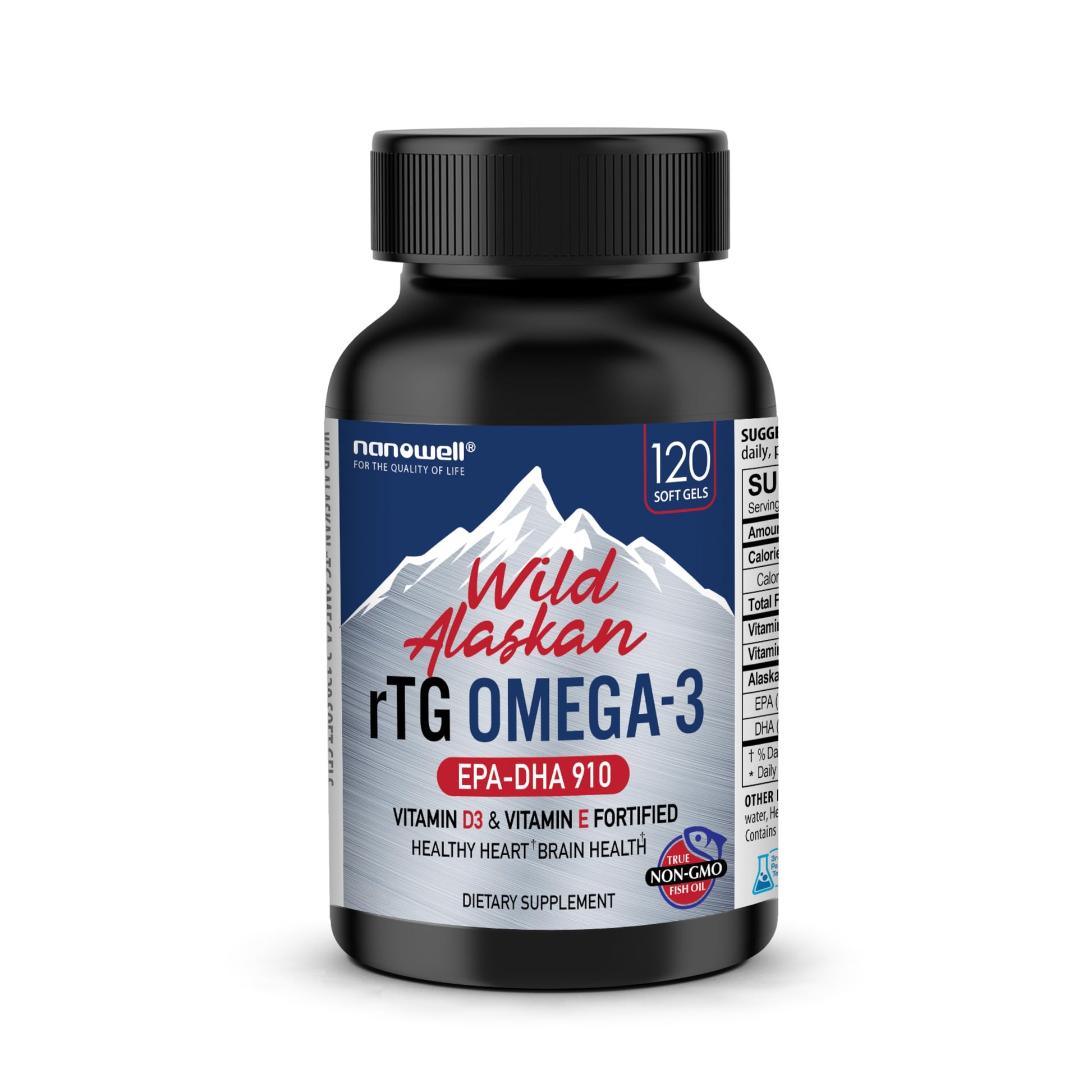 NANOWELL Wild Alaskan rTG Omega-3 Fish Oil 1196mg - EPA, DHA, Vitamin D3 & E Softgels 120