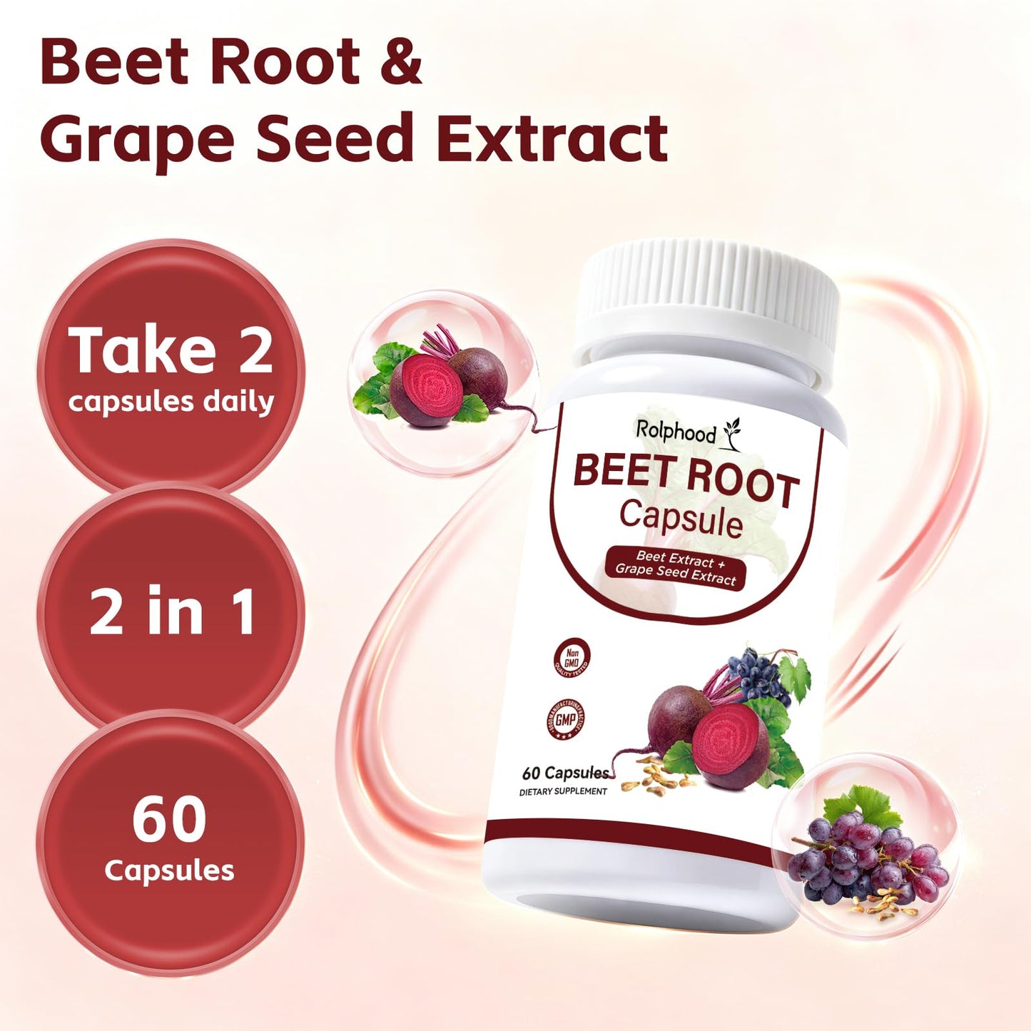 Rolphood 2 in 1 Organic Beet Root + Grape Seed Extract Capsules, 60 Count