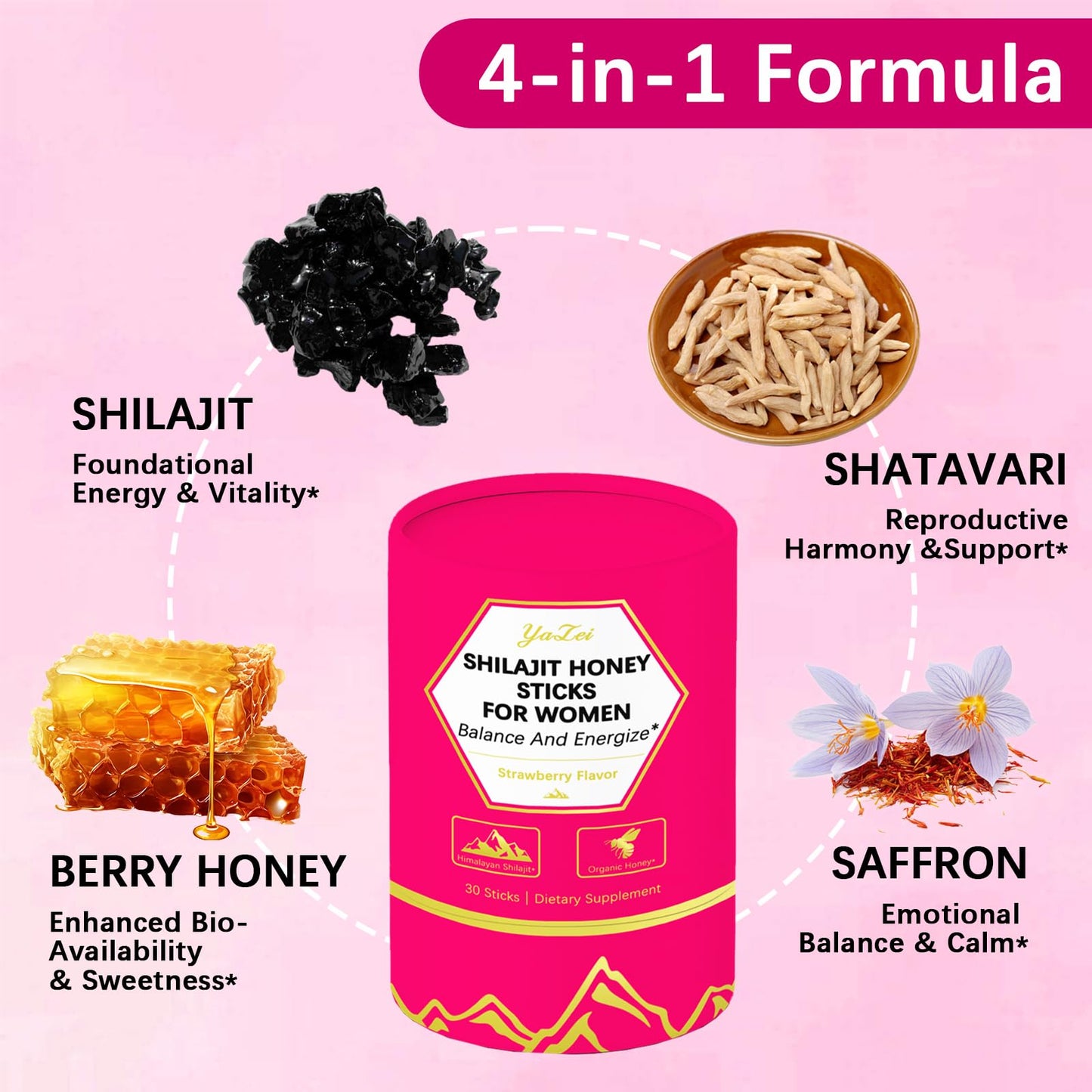 Yalei Strawberry Shilajit Honey Sticks for Women with Saffron & Shatavari Extract & Shilajit Resin Gummy, 30 Gummies