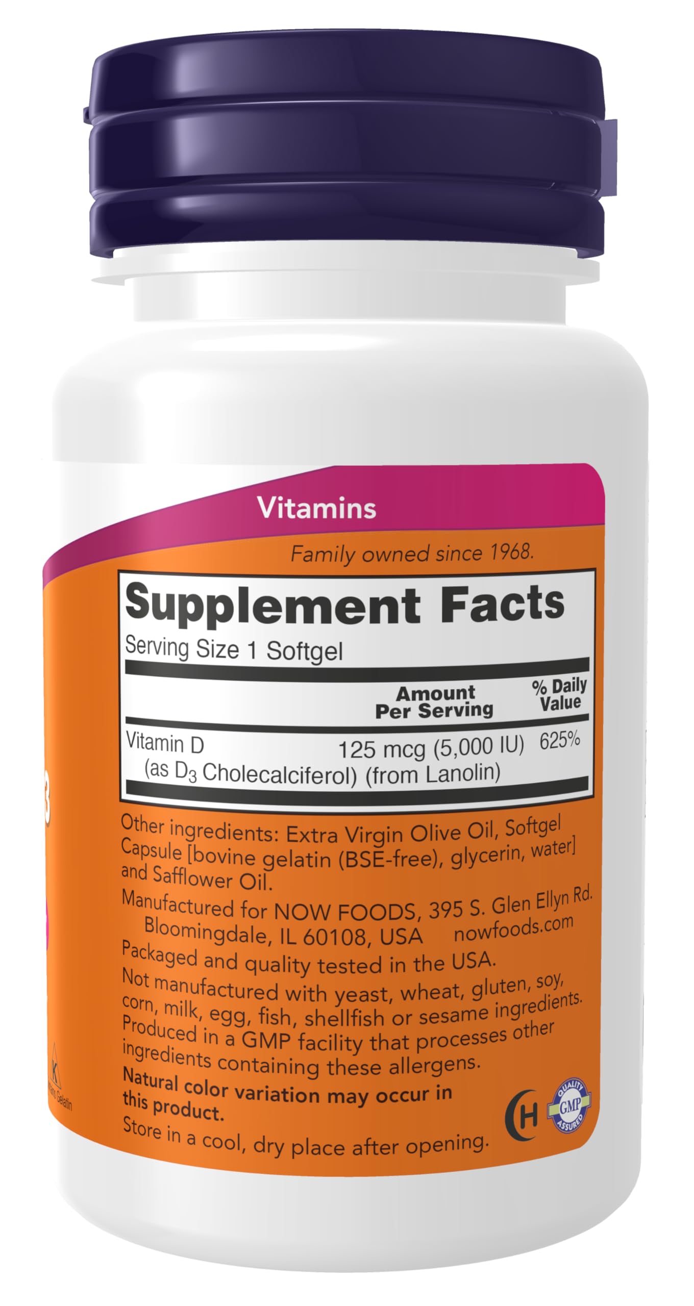 NOW Foods Vitamin D-3 5000 IU Softgels, 60 Count