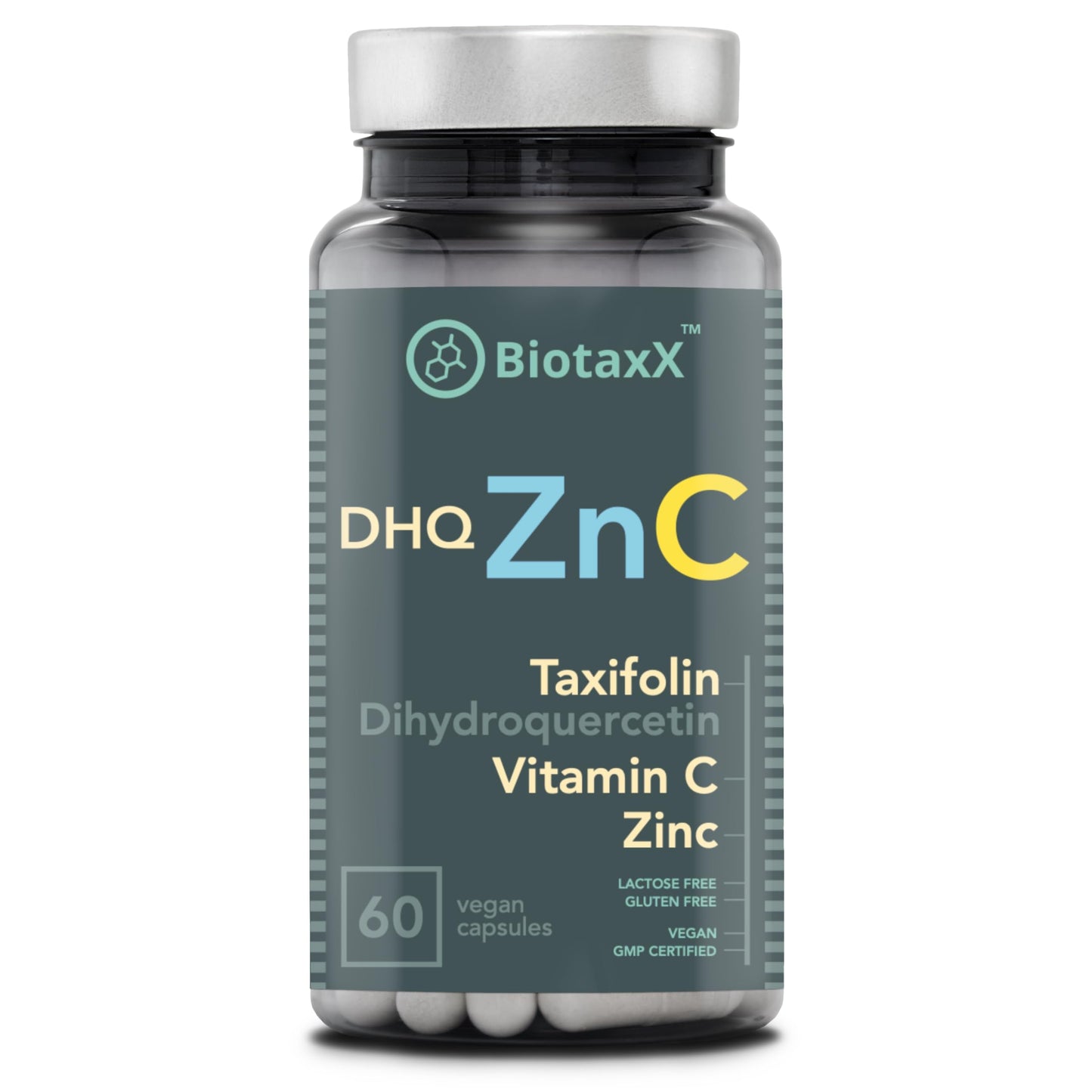 BiotaxX Taxifolin (Dihydroquercetin) + Vitamin C + Zinc 500 mg, 60 Vegan Capsules