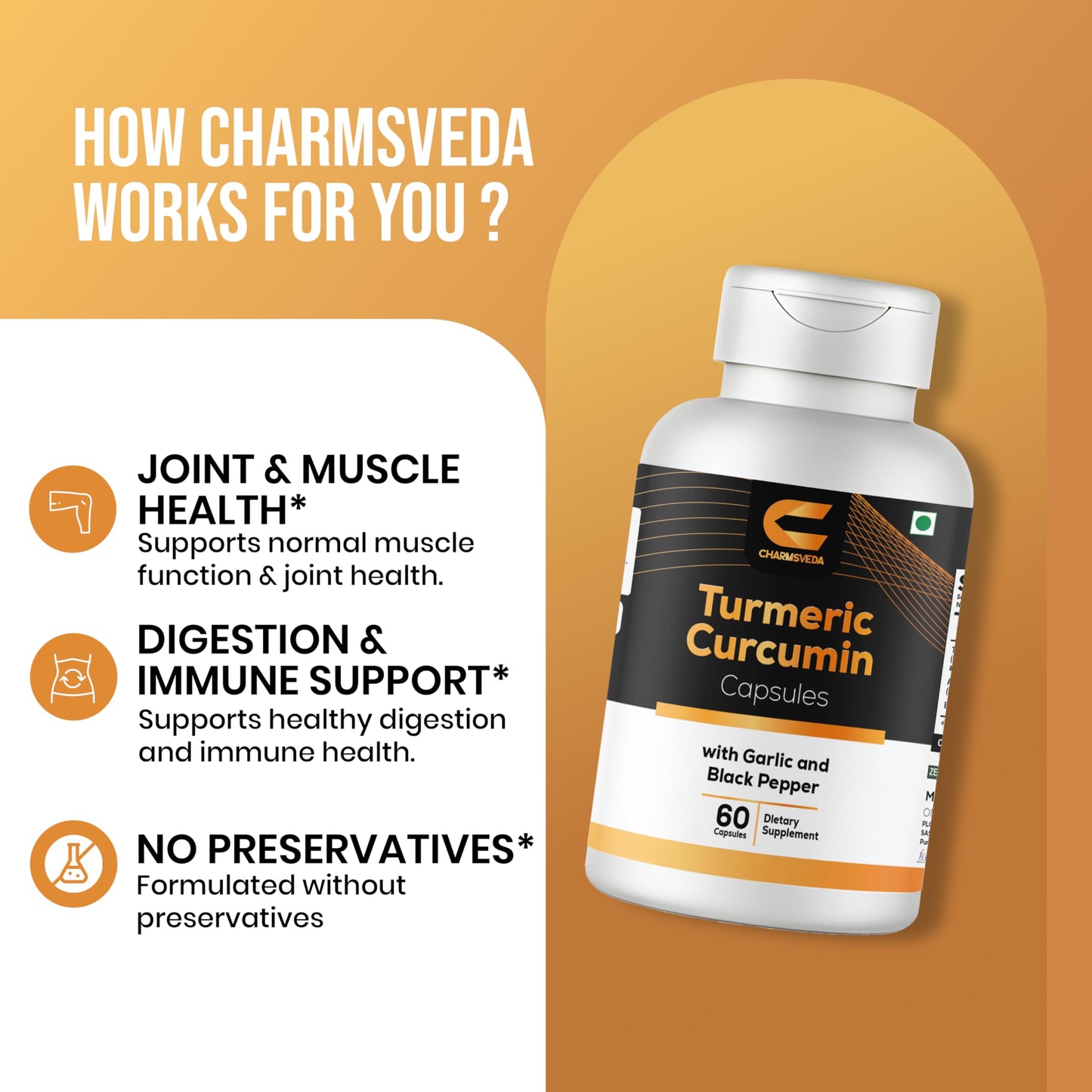 CHARMSVEDA Turmeric Curcumin with Garlic & Black Pepper Extract, 60 Capsules