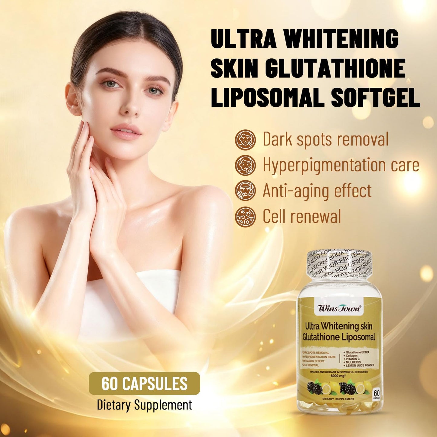 Wins Town Whitening Skin Glutathione Liposomal Softgels, 60