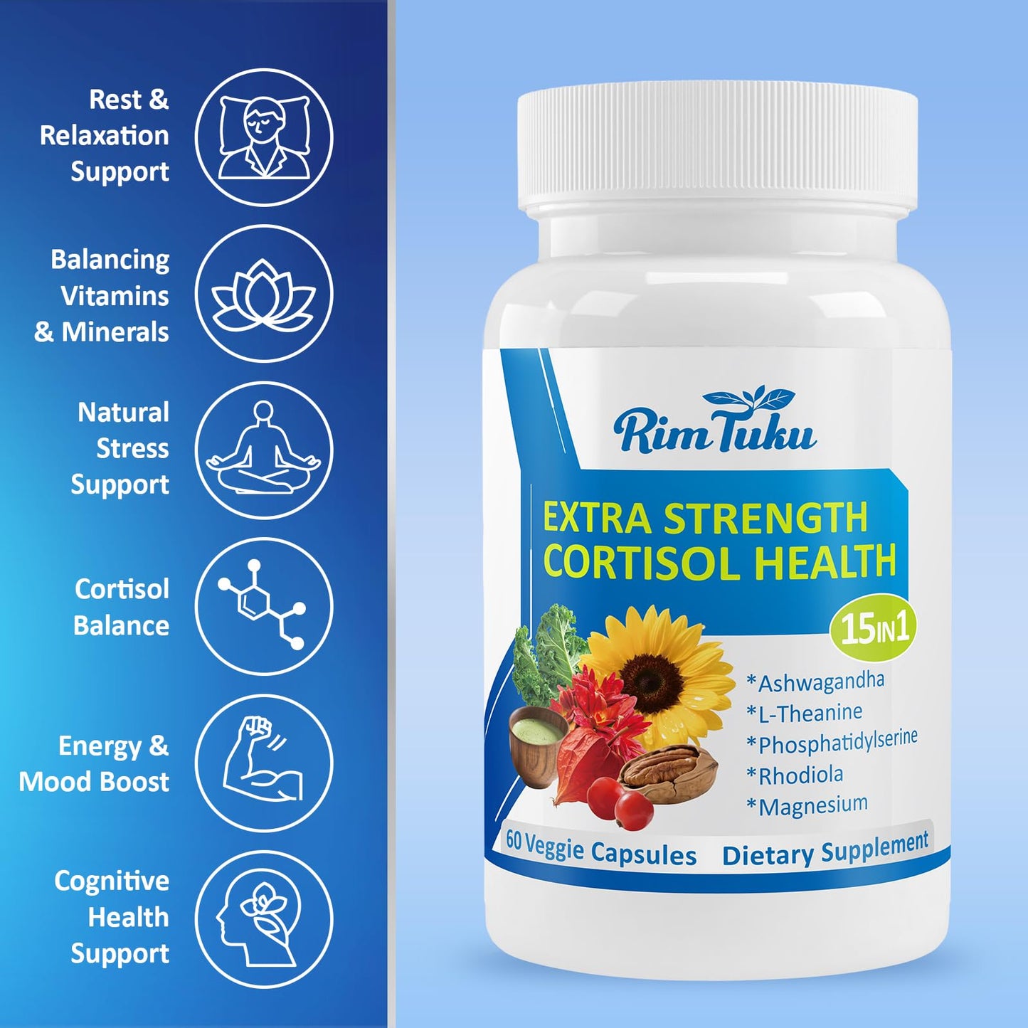 RimTuku Cortisol Detox for Women & Men - 15-in-1 Cortisol Manager & Reducer with Ashwagandha & Rhodiola Rosea, Stress Relief & Adrenal Balance, 120 Capsules