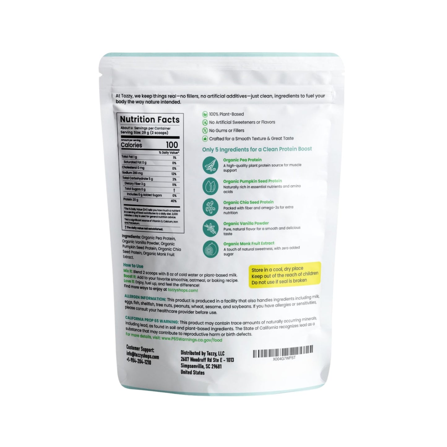 TOZZY Organic Vegan Protein Powder Vanilla, 16 Servings