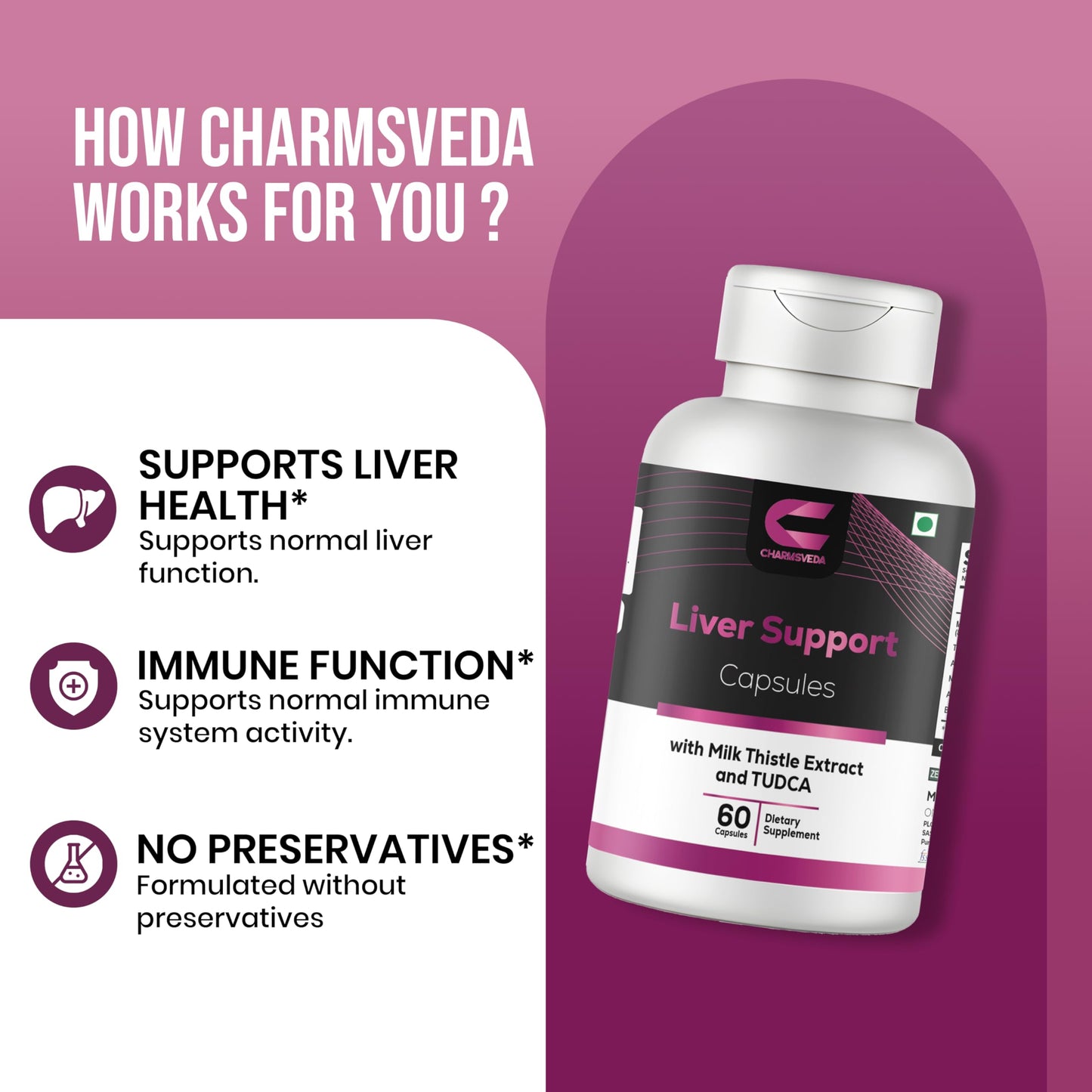 CHARMSVEDA Liver Support Herbal Capsules with Milk Thistle, TUDCA, Artichoke & NAC – Advanced Liver Health Support, Overall Wellness & Immune Support*, 60 Capsules