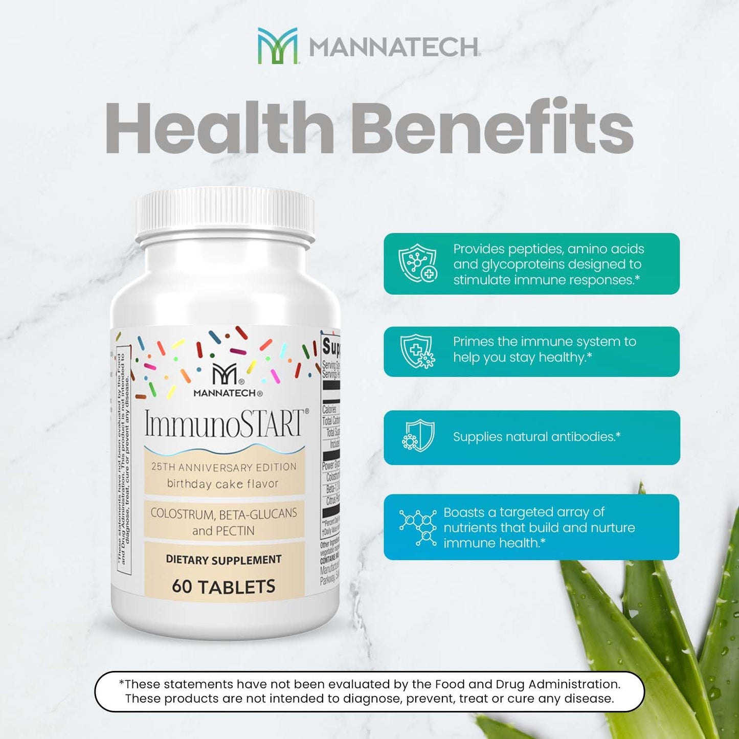 Mannatech ImmunoSTART Birthday Cake Flavor Colostrum, Beta-1,3 Glucans, Citrus Pectin, 25th Anniversary, Contains Milk, 60 Tablets