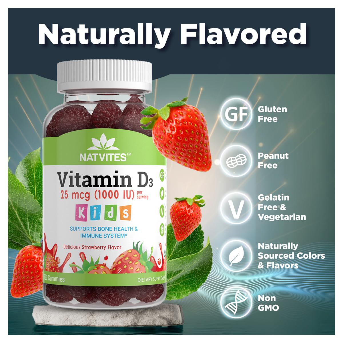 Natvites Vitamin D3 Gummies for Kids - 1000 IU - Pectin Gummy - Strawberry Flavored - 120 Count
