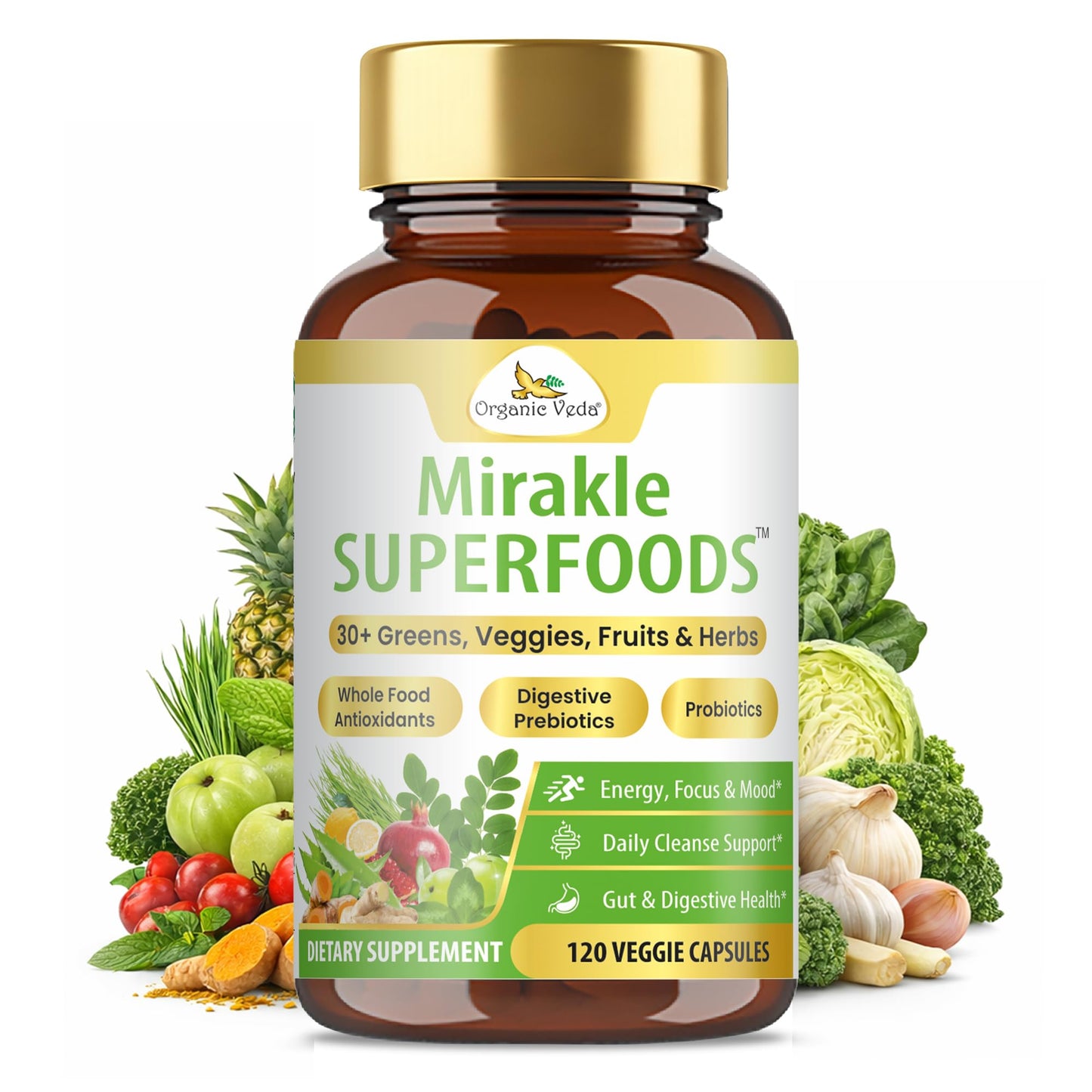 Organic Veda Mirakle Superfoods Greens Capsules - 120 Count