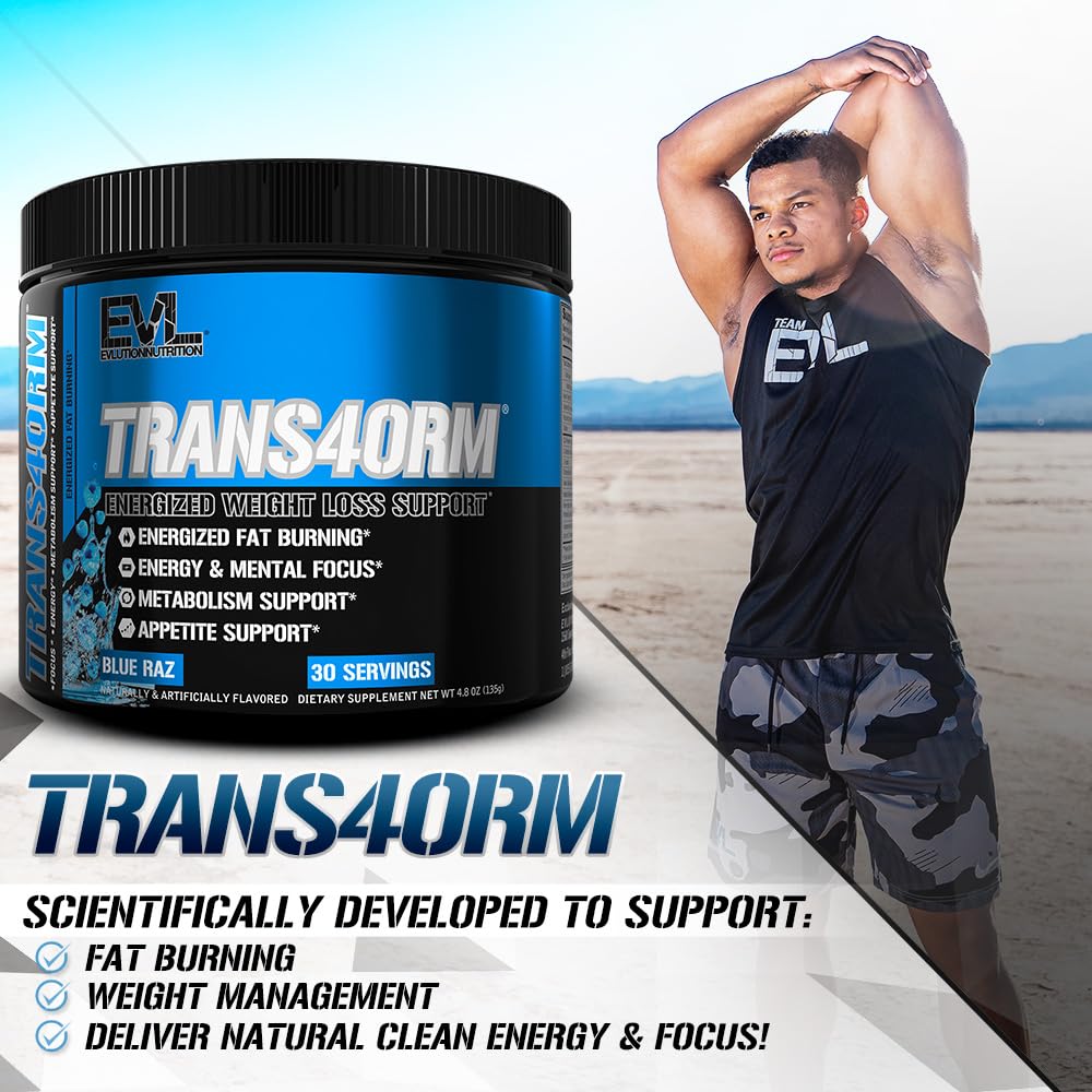 Evlution Trans4orm Thermogenic Fat Burning Support Powder Blue Raz 5.1 Ounce