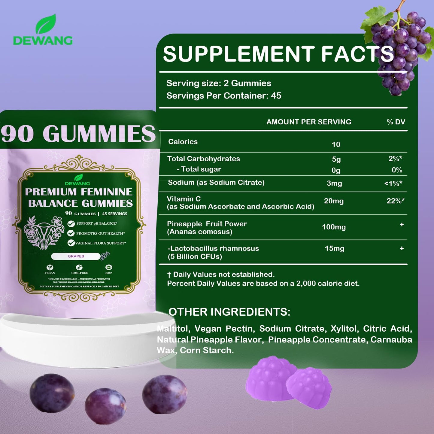 DEWANG Premium Feminine Balance Gummies for Women’s – Immune Support & pH Balance – Vegan, Gluten-Free – Grape Flavor, 90 Gummies