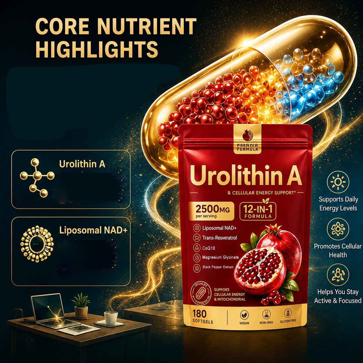 Bodylove Mask Urolithin A+ Supplement, 12-In-1 Formula with Liposomal NAD+, Trans-Resveratrol, Support Cellular Health & Mitochondrial, Natural Antioxidant, Promotes Muscle Strength & Endurance Softgel 1 Count