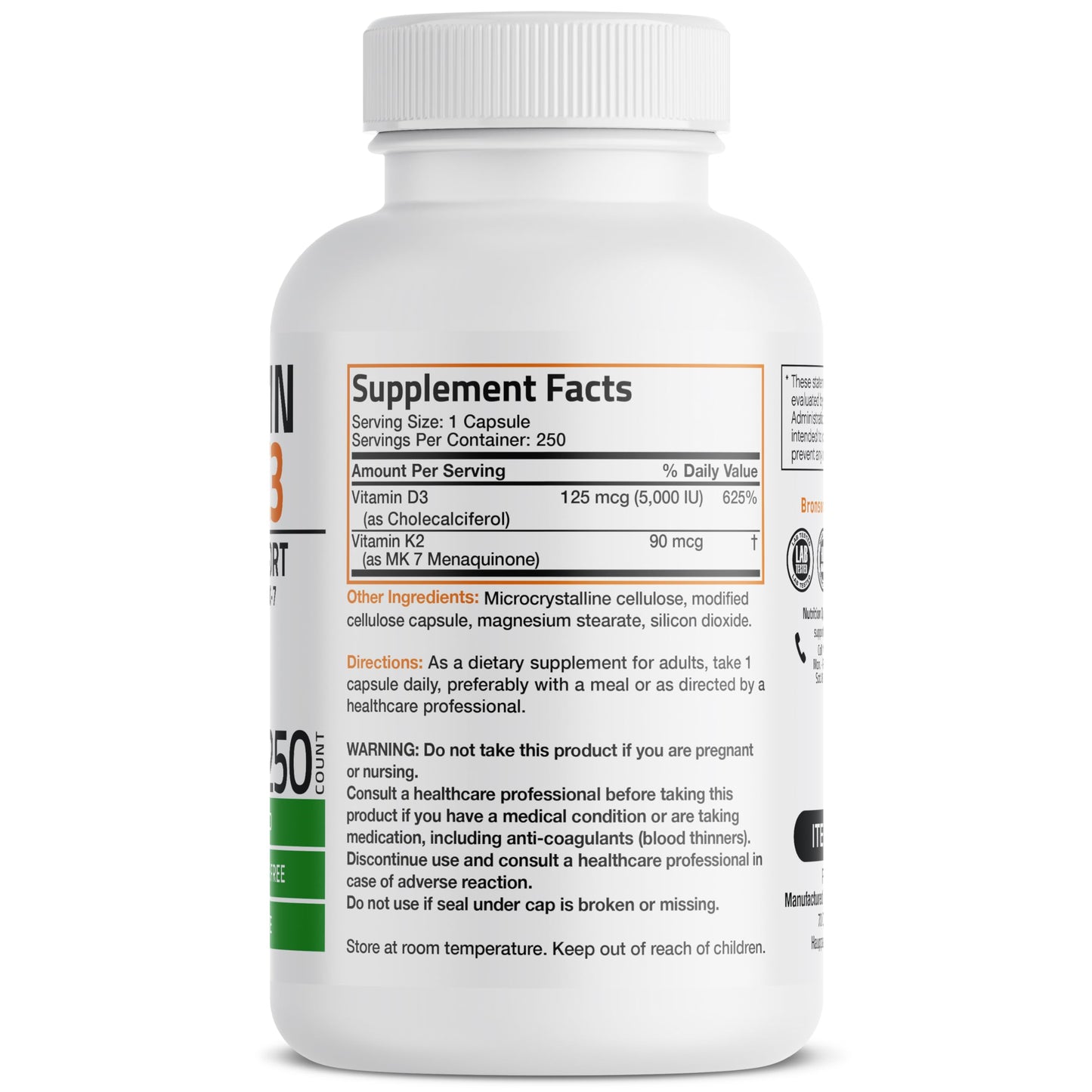 Bronson Vitamin K2 (MK-7) with D3 Capsules, 250 Count