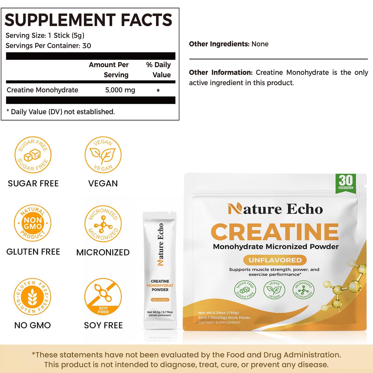 Nature Echo Creatine Monohydrate Micronized Powder, 30 Single-Serve Packs, 5g per Pack