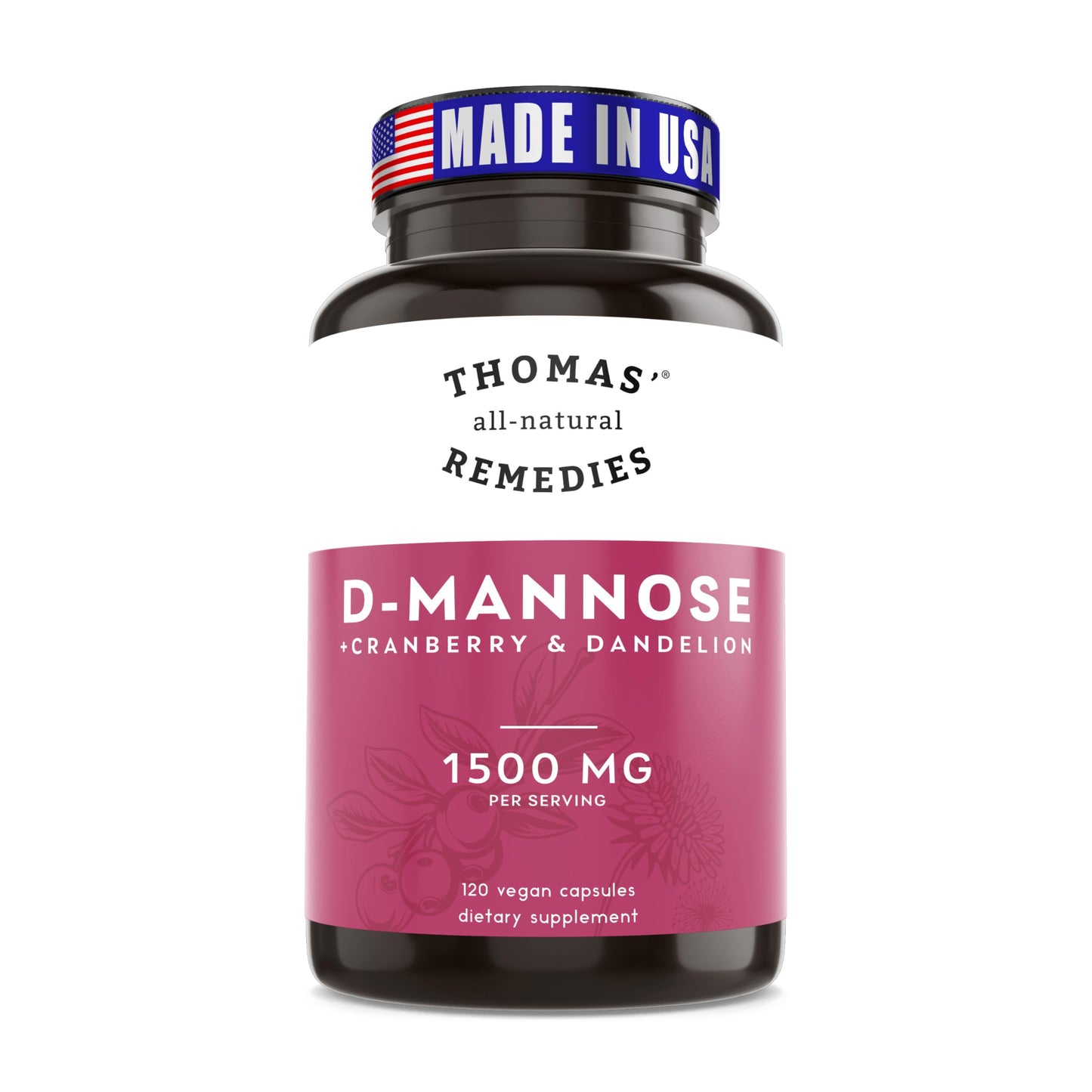 Thomas' all-natural Remedies D-mannose 1200mg with Cranberry and Dandelion, 120 Capsules