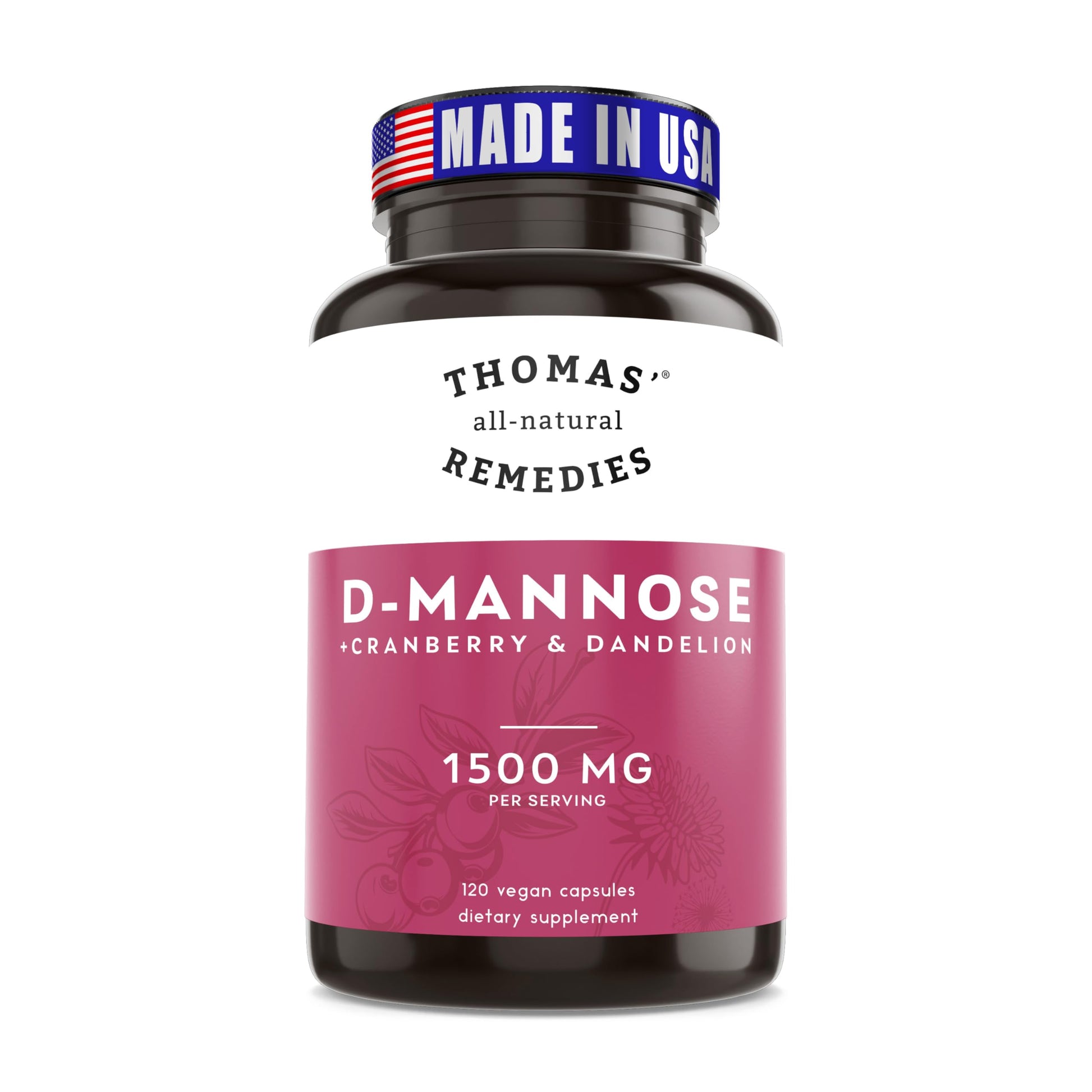 Thomas' all-natural Remedies D-mannose 1200mg with Cranberry and Dandelion, 120 Capsules