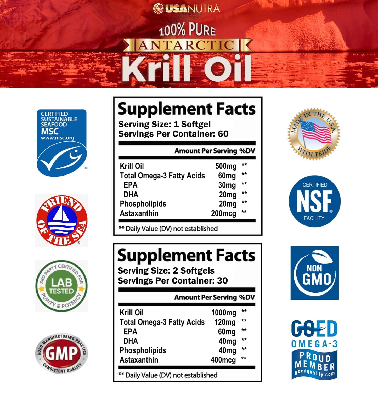 USANUTRA Antarctic Krill Oil Softgels, 60 Count