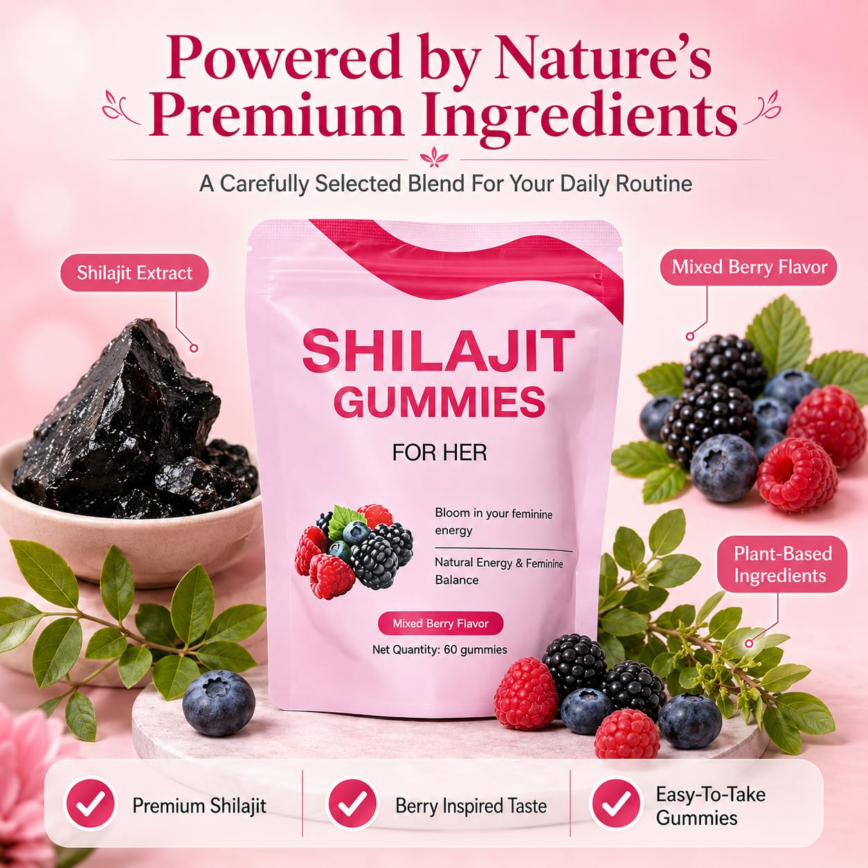 DLZFUDTY Shilajit Gummies for Women, Botanical Formula, Mixed Berry Flavor, 1 Count