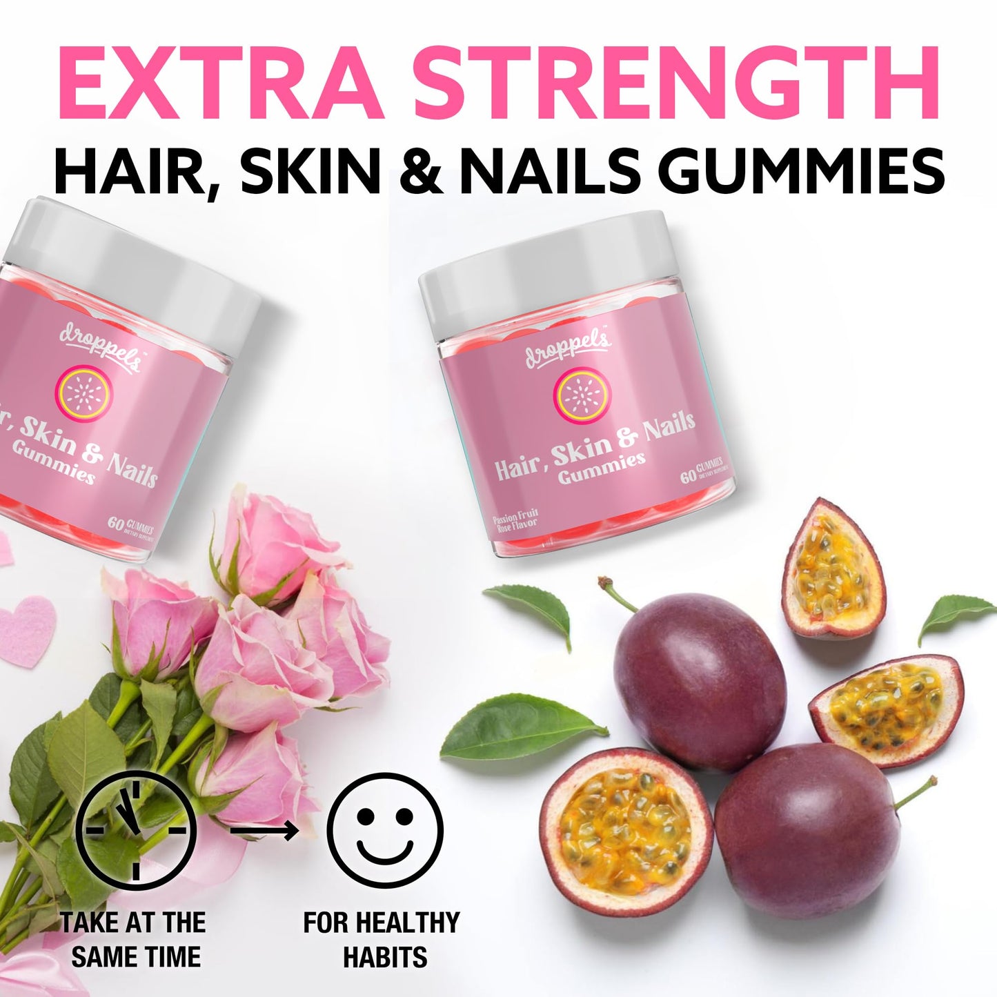 Droppels Hair, Skin and Nails Multivitamin Gummies with Biotin 10,000mcg, Vegan & Pectin-Based, Passion Fruit Rose Flavor, 60 Count