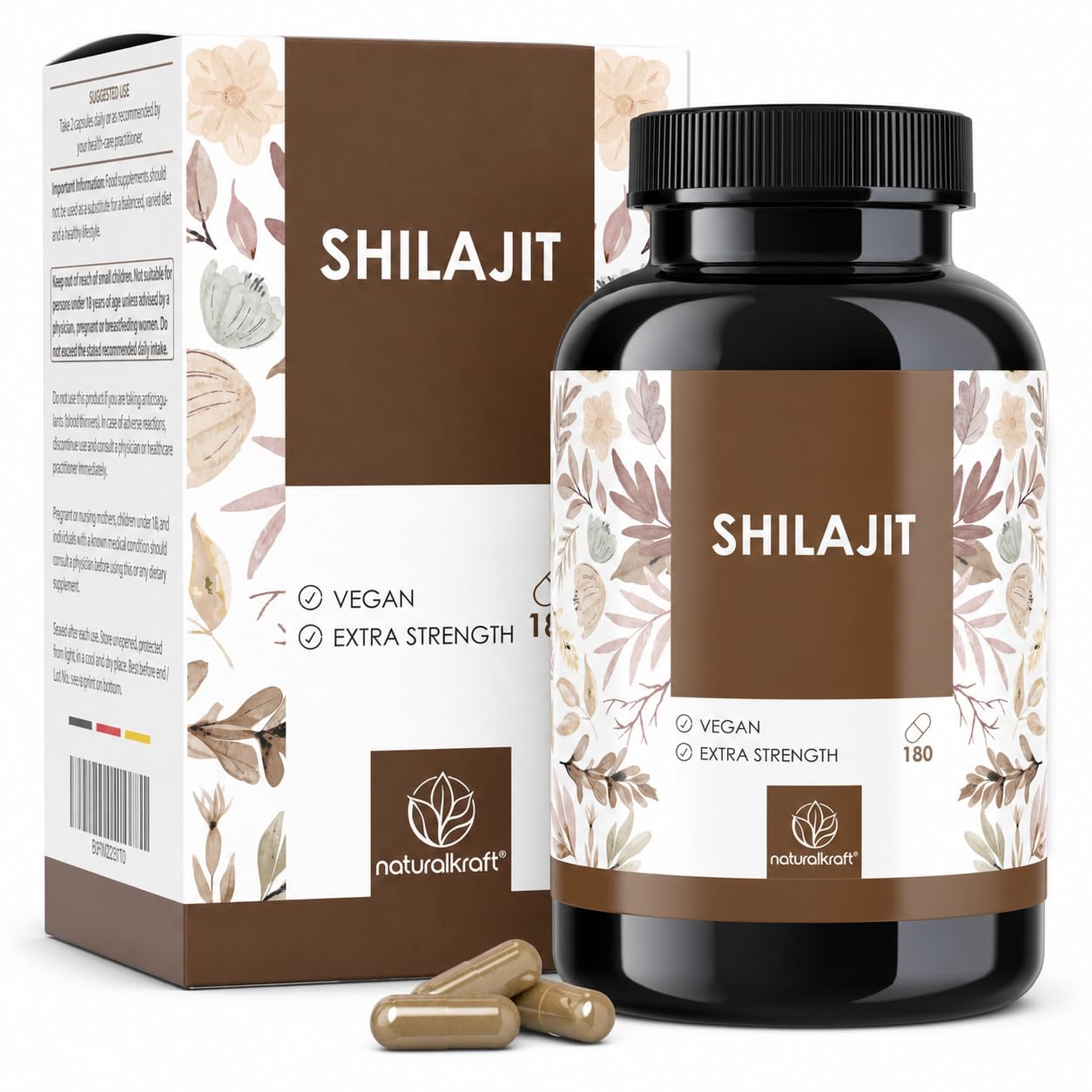 Naturalkraft Shilajit Capsules – High Strength with 1300 mg per Daily Serving (10:1 Extract), 650 mg Fulvic Acid & 156 mg Humic Acid – Himalayan Shilajit, Vegan & German Lab-Tested, 180 Capsules