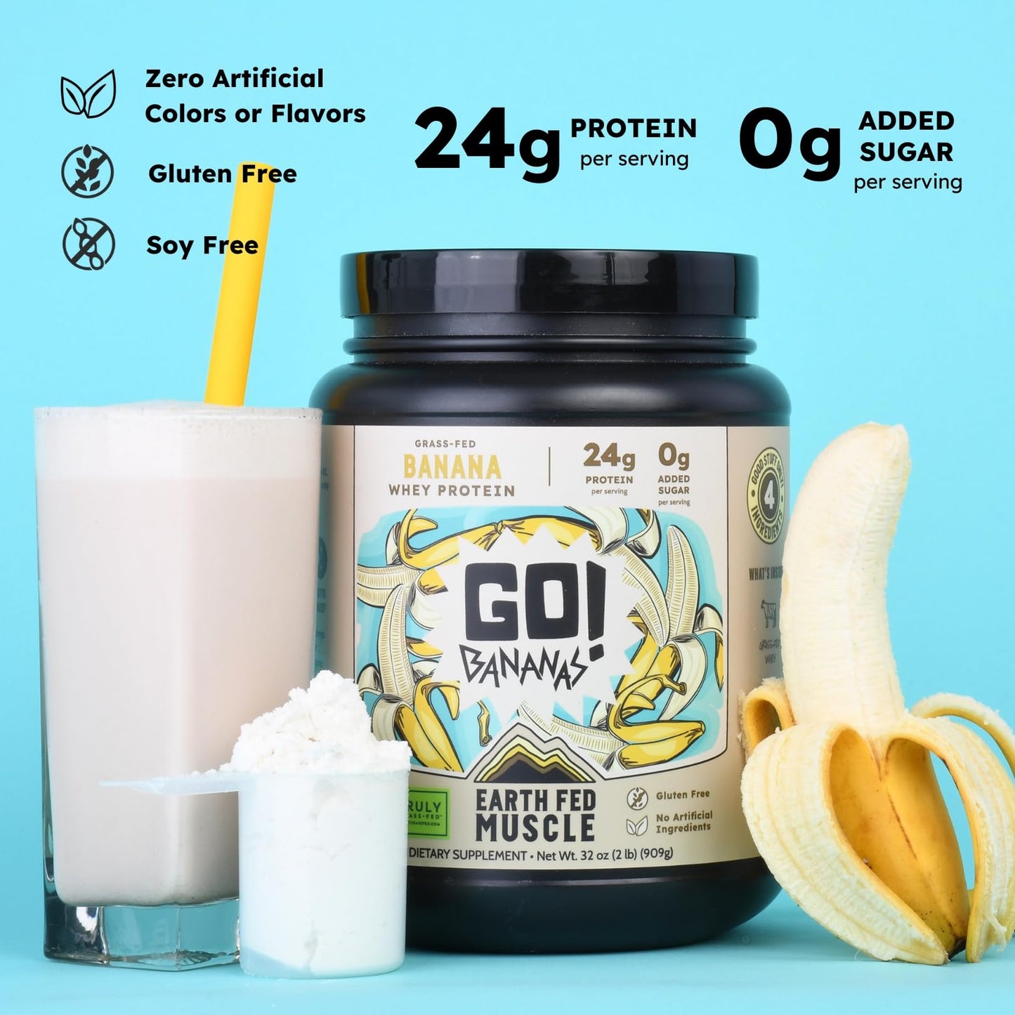Earth Fed Muscle Go! Bananas Irish Grass-Fed Whey Protein Isolate Powder – Banana Flavor, 32 Servings