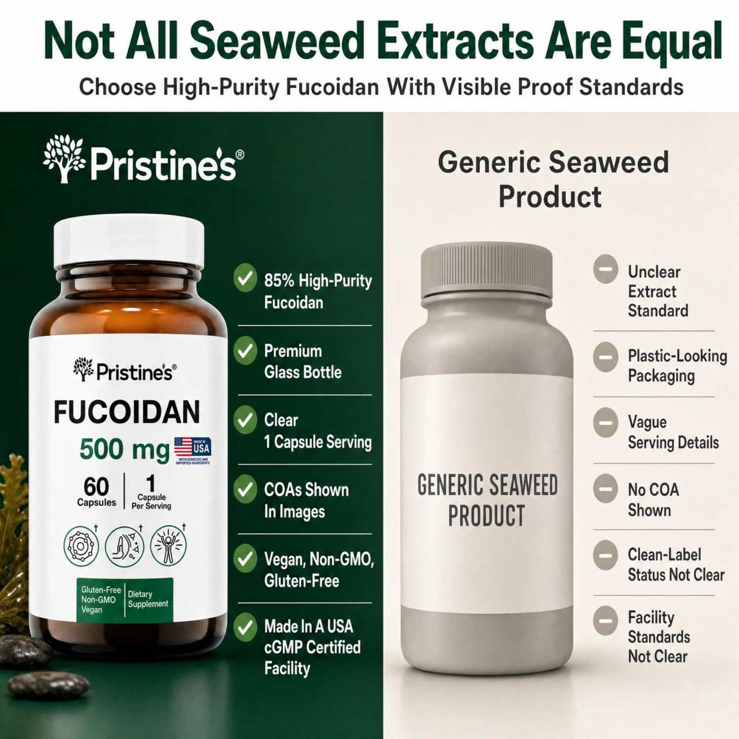 PRISTINE'S Fucoidan 500mg Brown Seaweed Extract Capsules, 60 Count