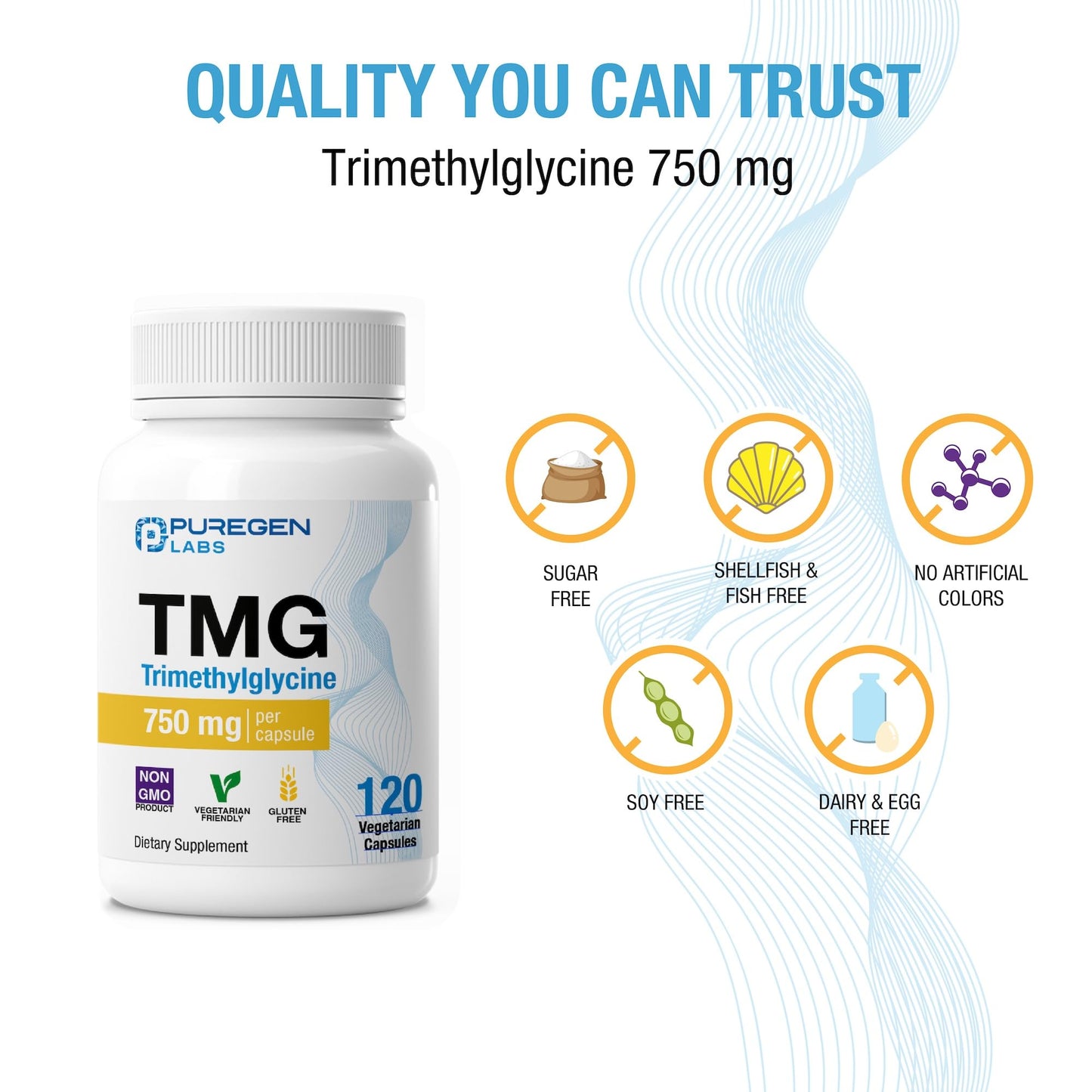 P Puregen Labs TMG 750 mg Trimethylglycine Supplement Capsule, 120 Vegetarian Capsules
