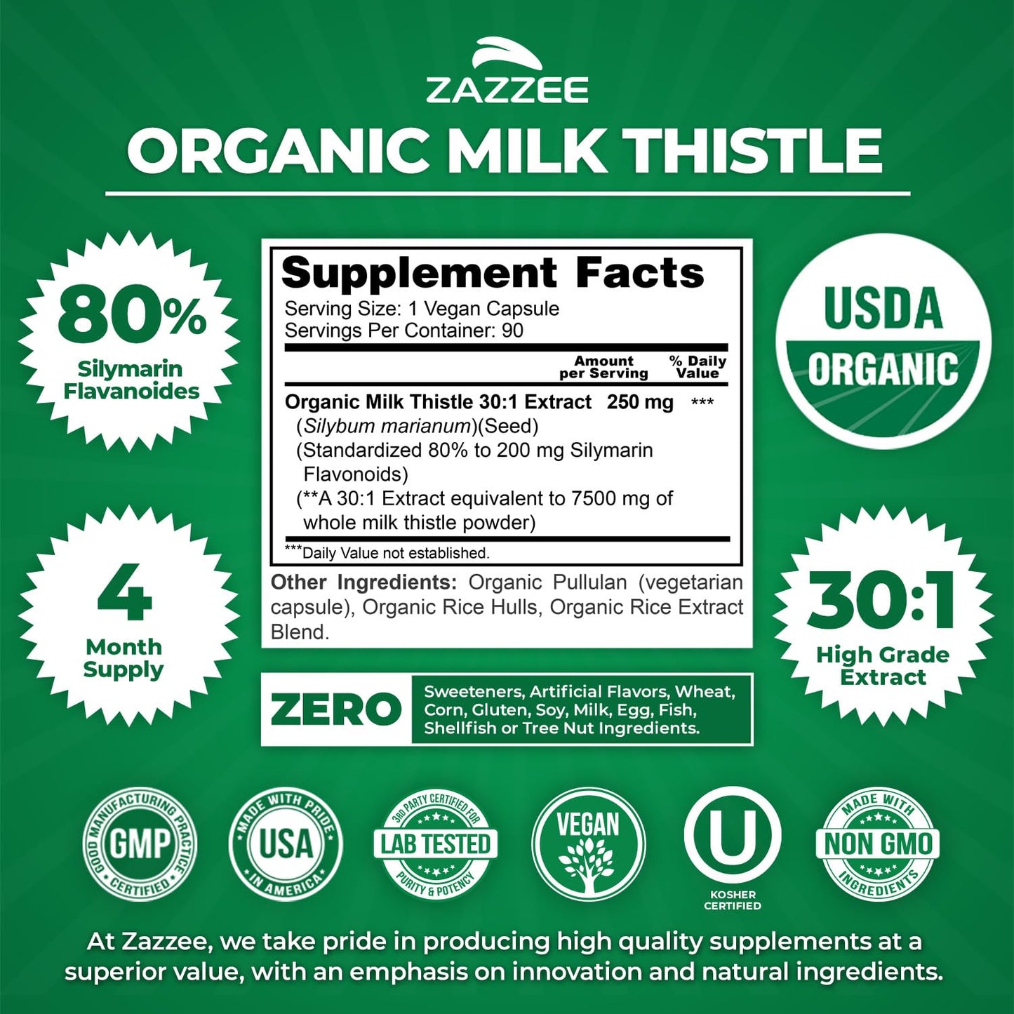 Zazzee Milk Thistle 30:1 Extract 80% Silymarin, High Potency Liver & Antioxidant Support, 90 Capsules