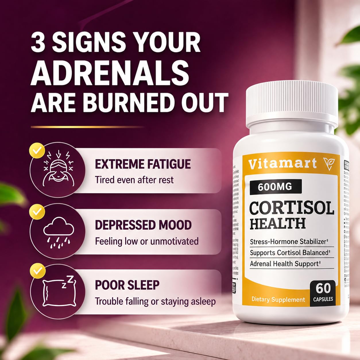 Vitamart Nutraceuticals Cortisol Health Adrenal Health Manager Adaptogenic Ashwagandha & Sleep Support, 60 Capsules