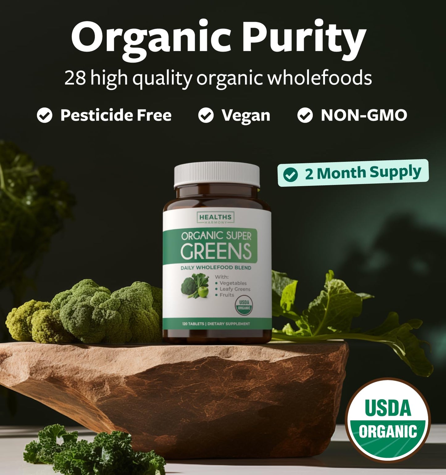 Healths Harmony USDA Organic Super Greens Supplement 120 Tablets
