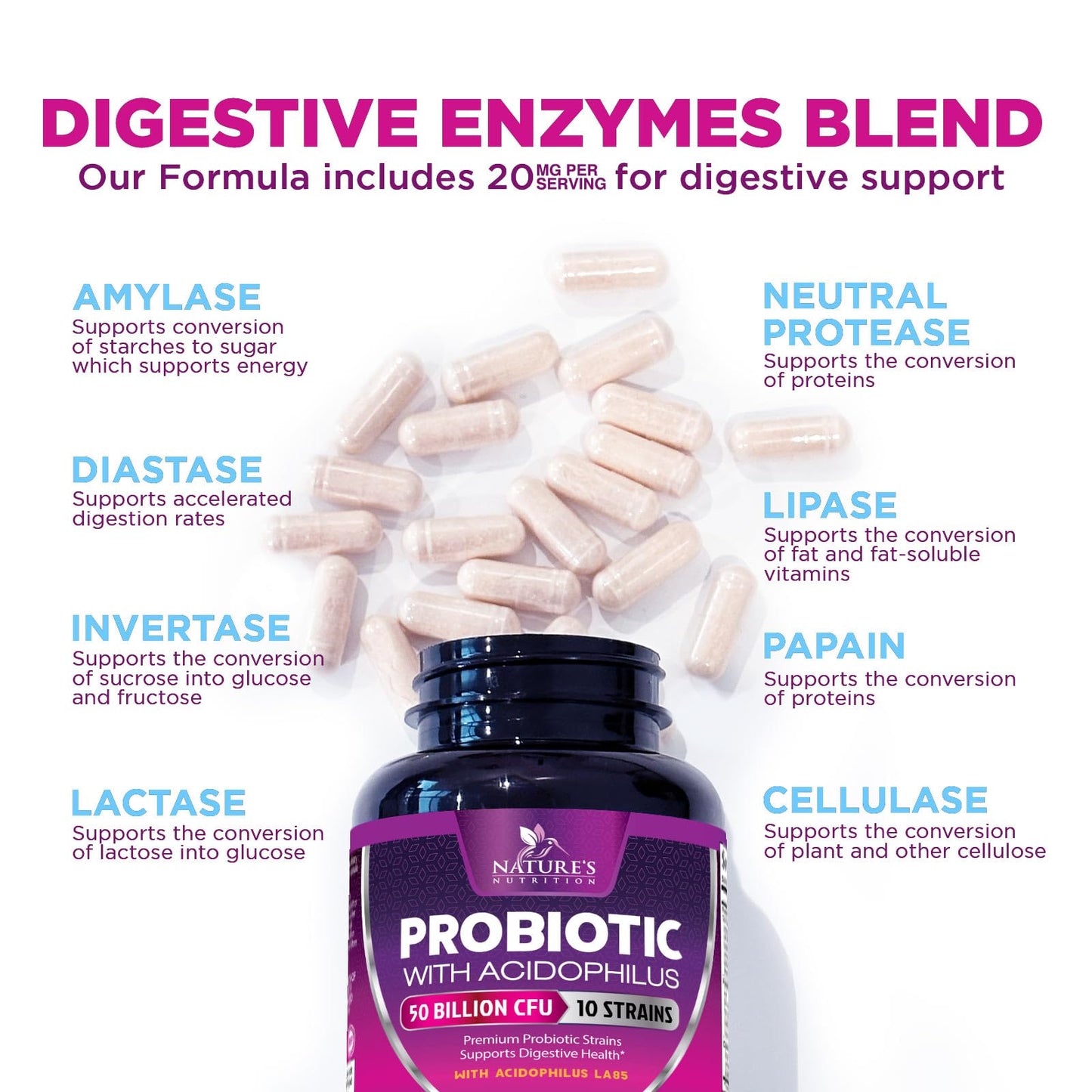 Nature's Nutrition Probiotics 50 Billion CFU per Capsule - 10 Strains & Prebiotics, for Women & Men, Digestive Gut Health, Bloating & Occasional Constipation, 120 Capsules