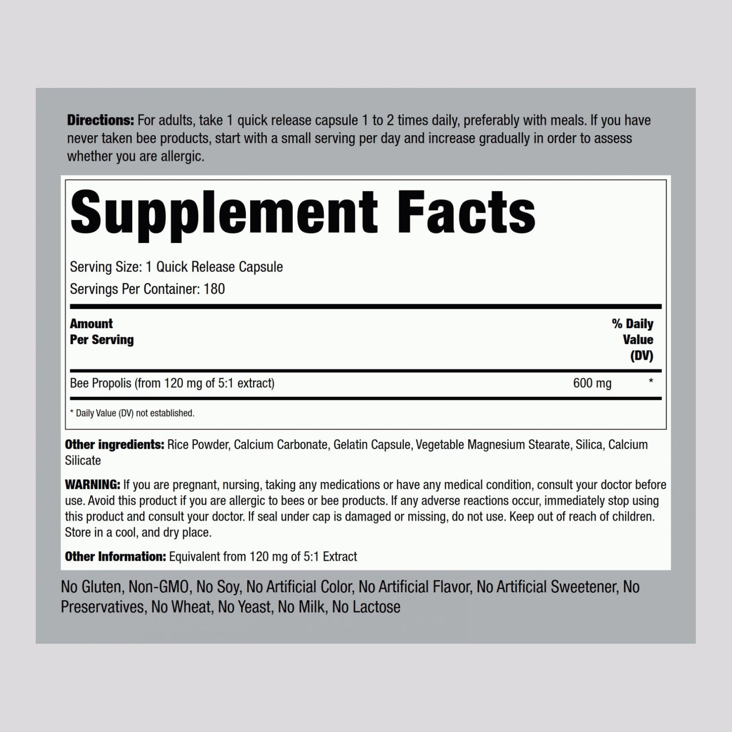 Piping Rock Bee Propolis Capsules 180 Count