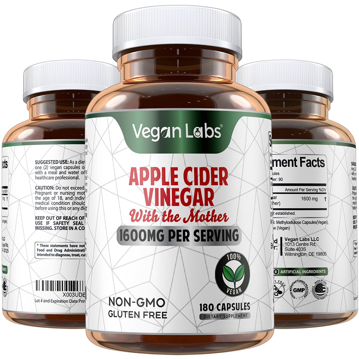 Vegan Labs Apple Cider Vinegar Capsules with The Mother, 180 Capsules