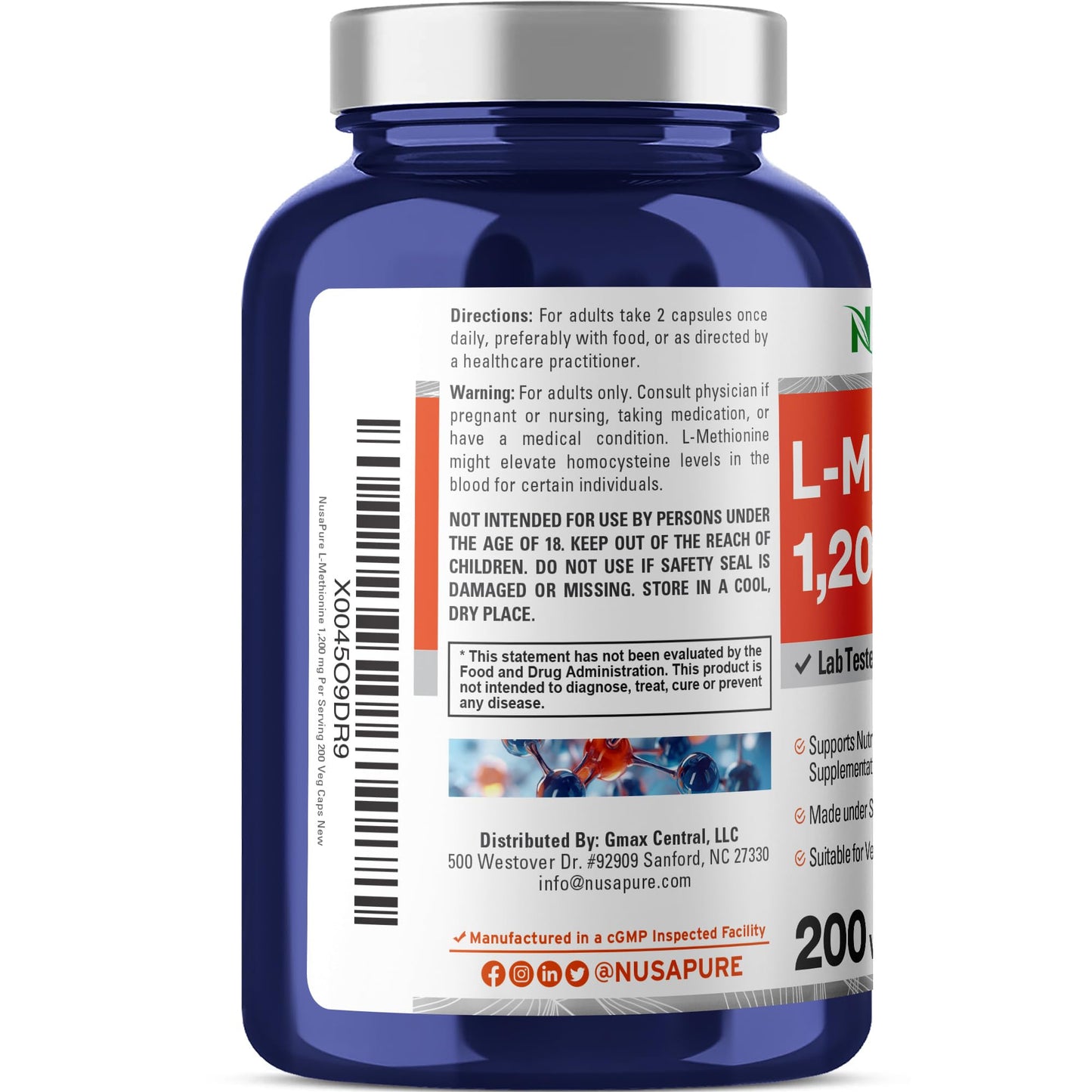NusaPure L Methionine 1200mg Capsules 200 Count