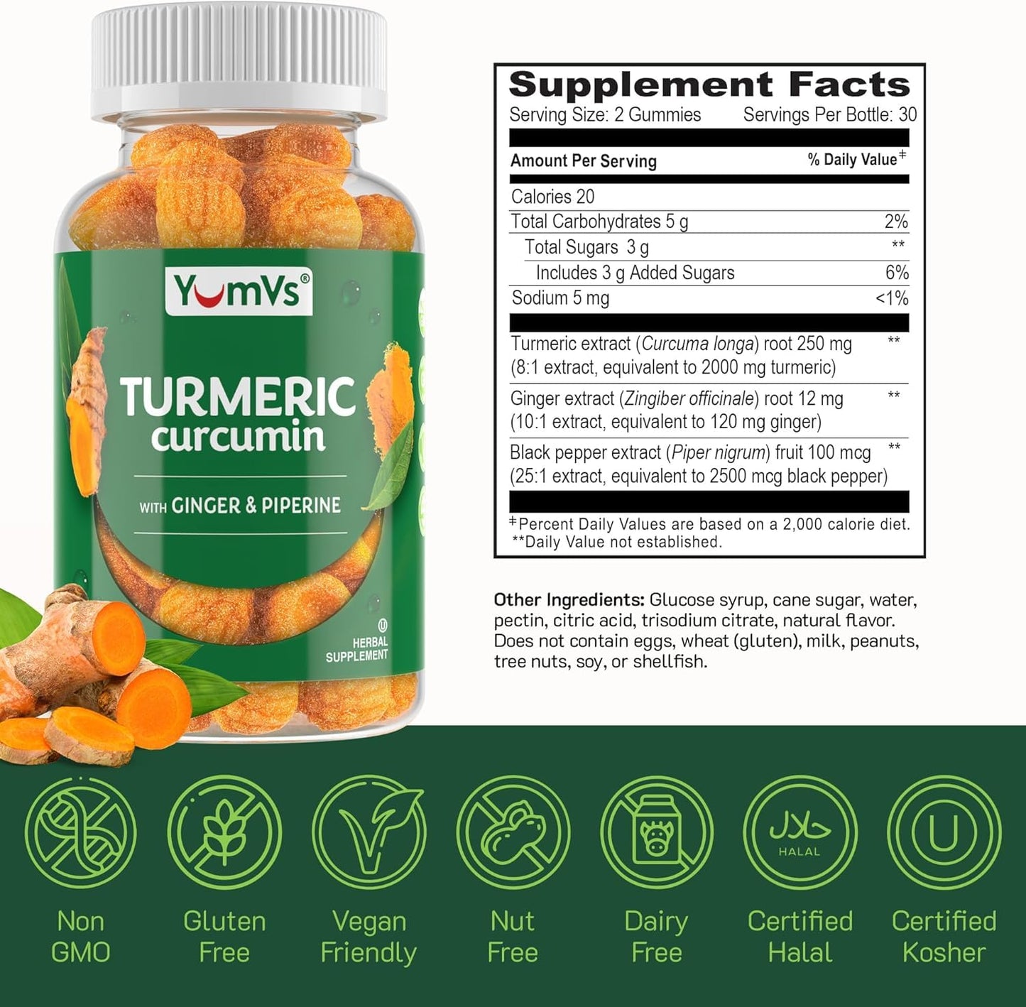 YUM-V'S Turmeric Gummies with Ginger and Piperine 120 Count