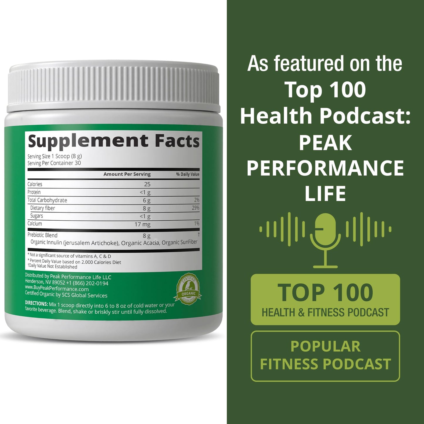 Peak Performance USDA Organic Prebiotic Fiber 3-in-1 Vegan Powder 8.5