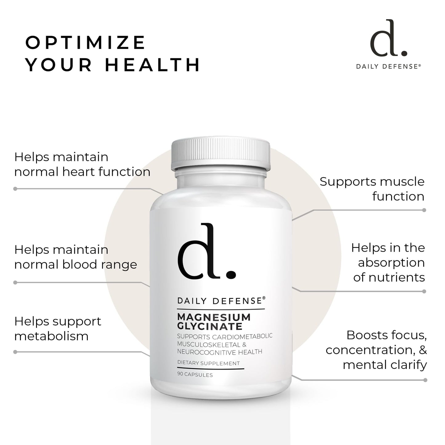 Daily Defense Magnesium Glycinate 200mg – Chelated Magnesium Bisglycine for Muscle Relaxation, Restful Sleep, Heart Health & Metabolism Support, 90 Capsules