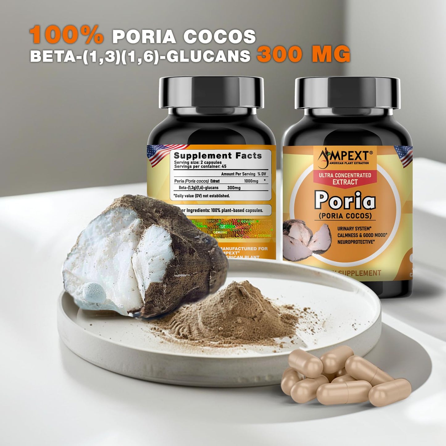 AMPEXT Poria Cocos Mushroom Extract Capsules, 90 Veg Caps
