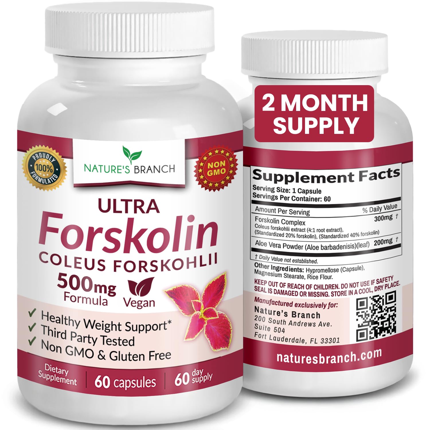 Nature's Branch Ultra Forskolin Supplement 500mg, Coleus Forskohlii for Weight Management Vegan Capsules 60 Count