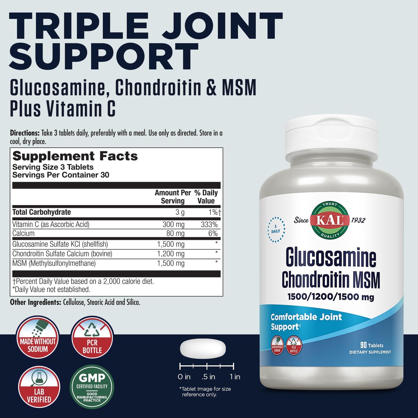 KAL Glucosamine Chondroitin MSM Tablets, 90-Count