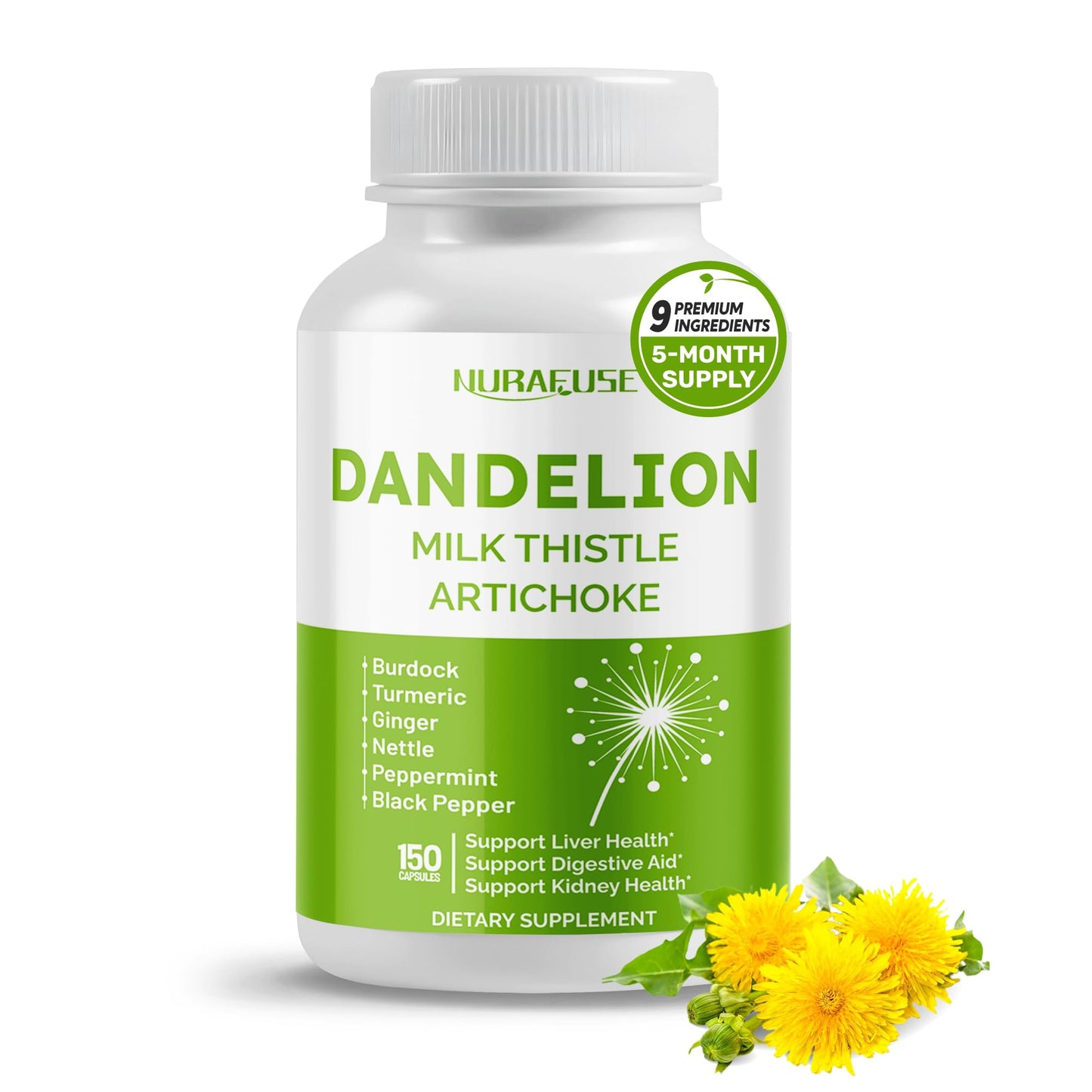 NURAFUSE Dandelion Milk Thistle Artichoke Burdock Turmeric Capsule 150 Count