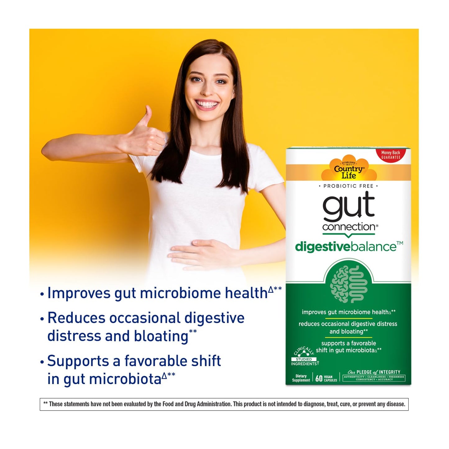 Country Life Gut Connection Digestive Balance – Prebiotic & Digestive Enzyme Supplement for Gut Health, Bloating Relief, and Improved Bowel Movements 60 Capsules