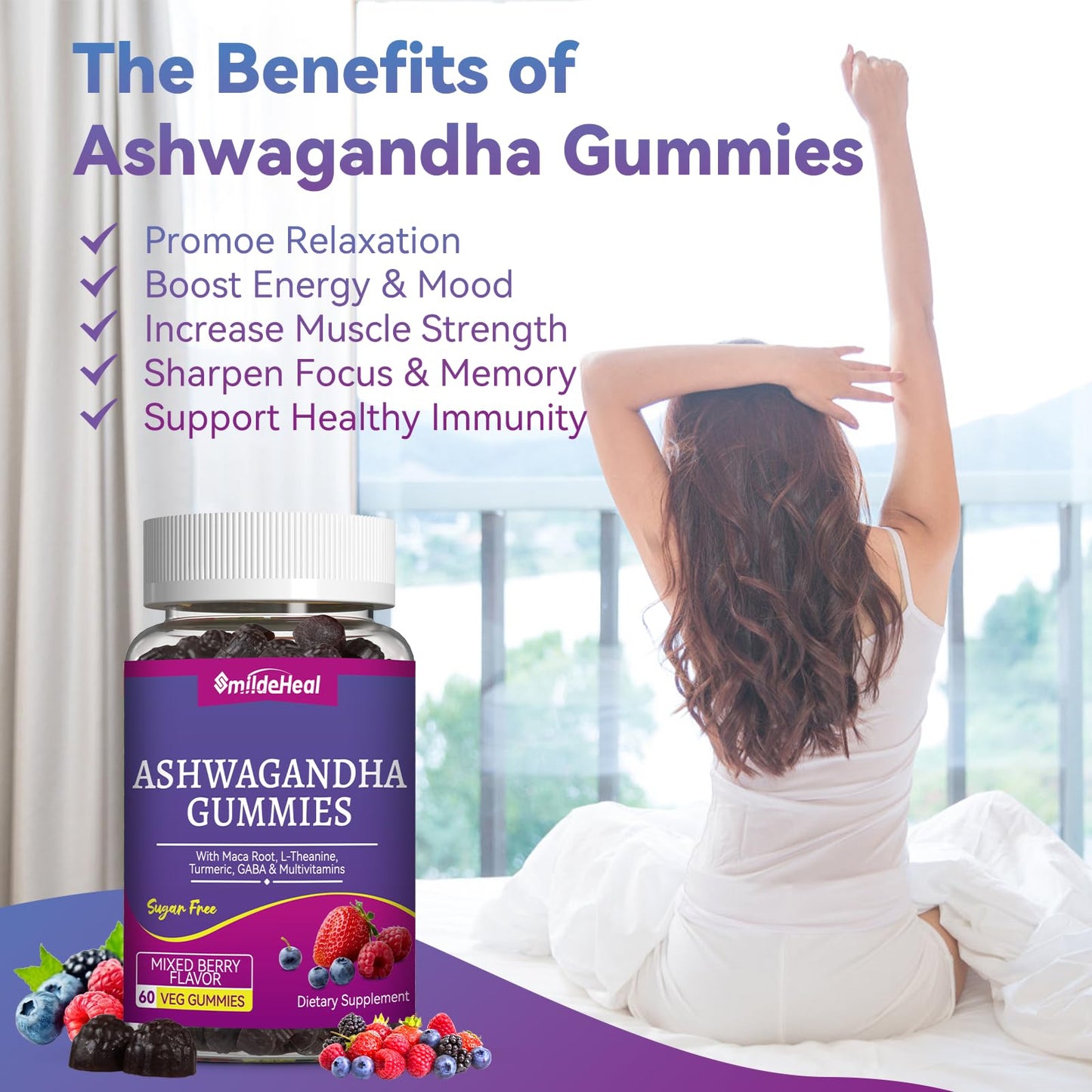 SmildeHeal Ashwagandha Gummies 3000mg for Calm & Stress Relief, 120 Gummies