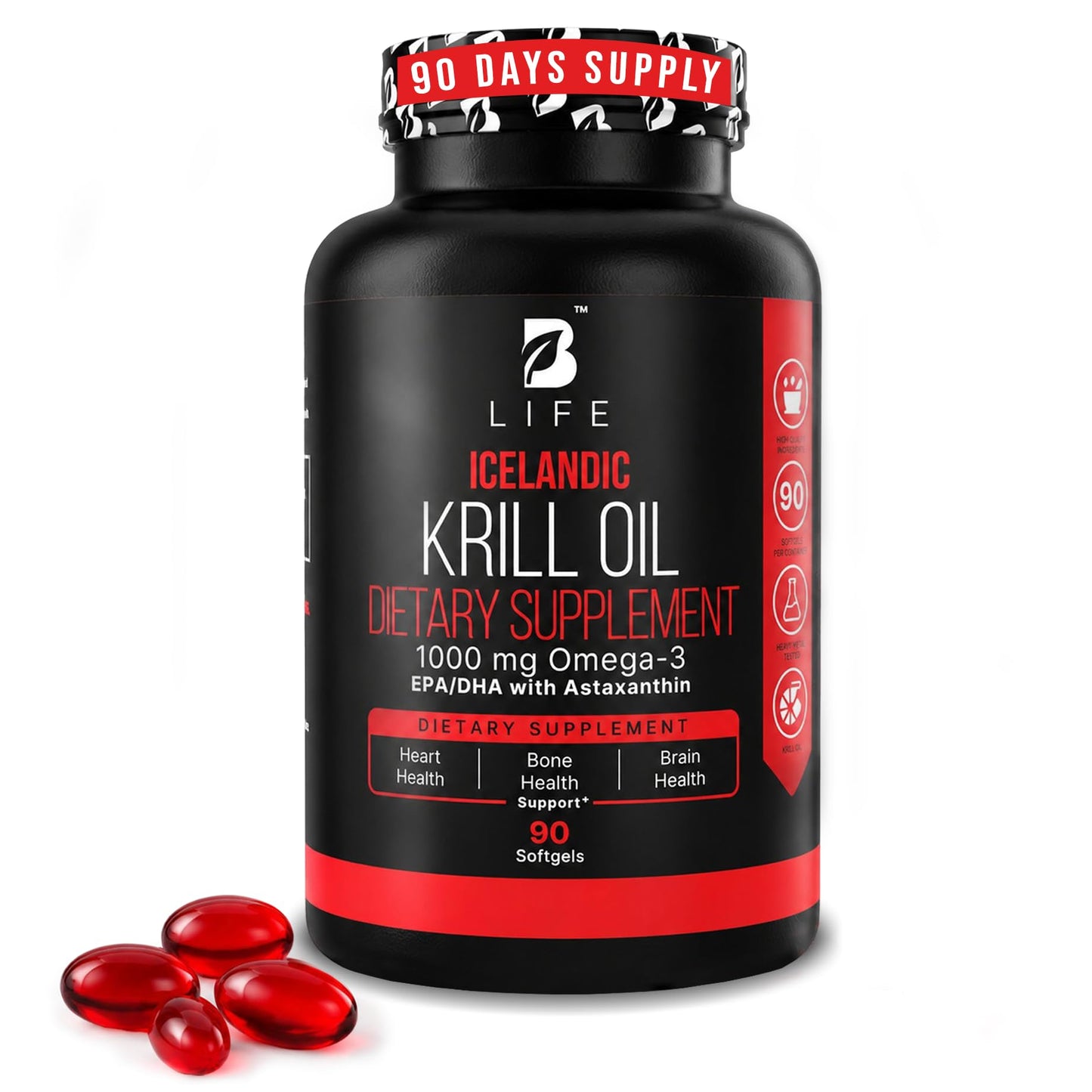 B Life Company Antarctic Krill Oil Omega-3 High-Absorption Phospholipid Omega-3 with EPA, DHA & Astaxanthin Burp-Less No Fishy Aftertaste Capsules 90