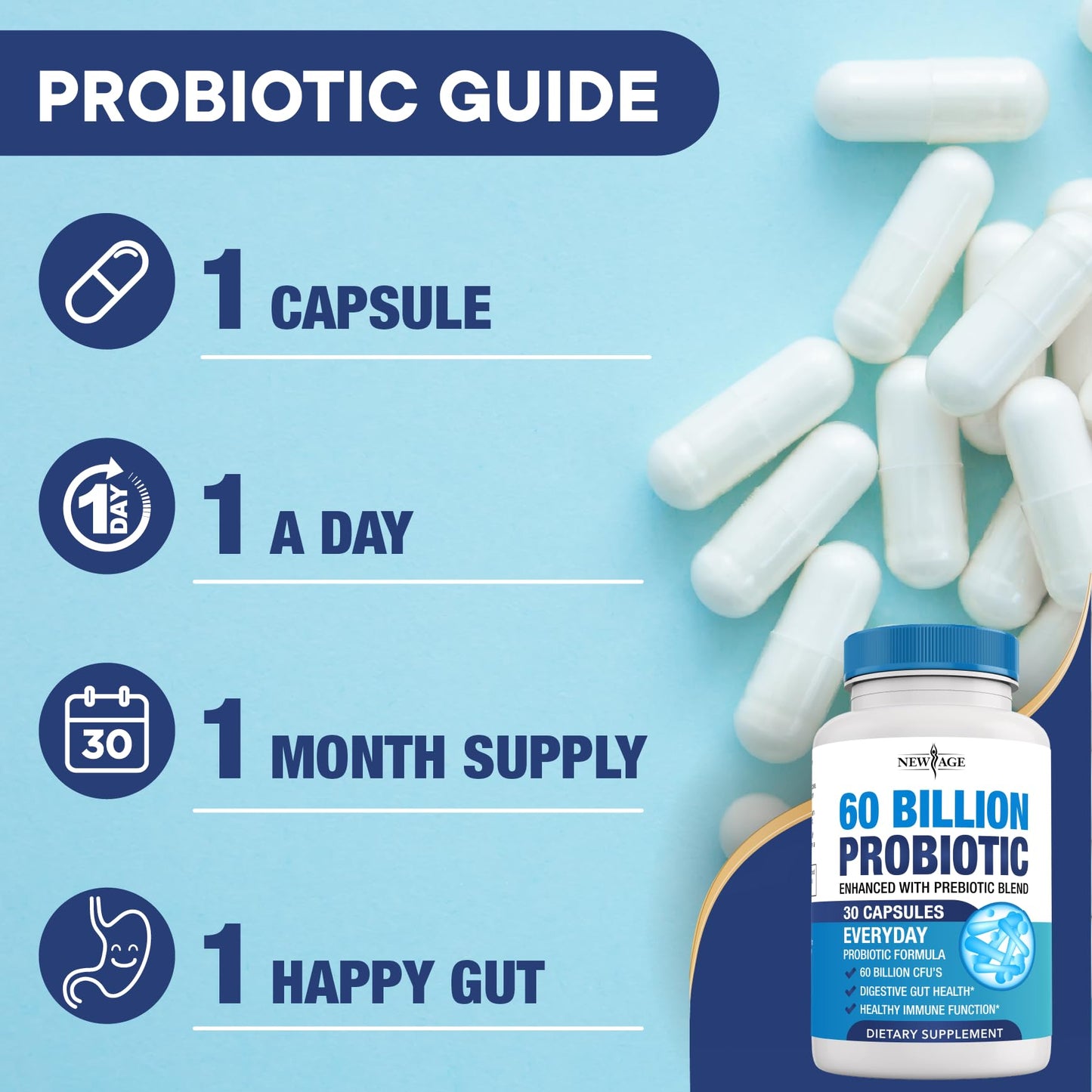 NEW AGE Probiotics 60 Billion CFU with Prebiotic Formula Capsules, 60 Count