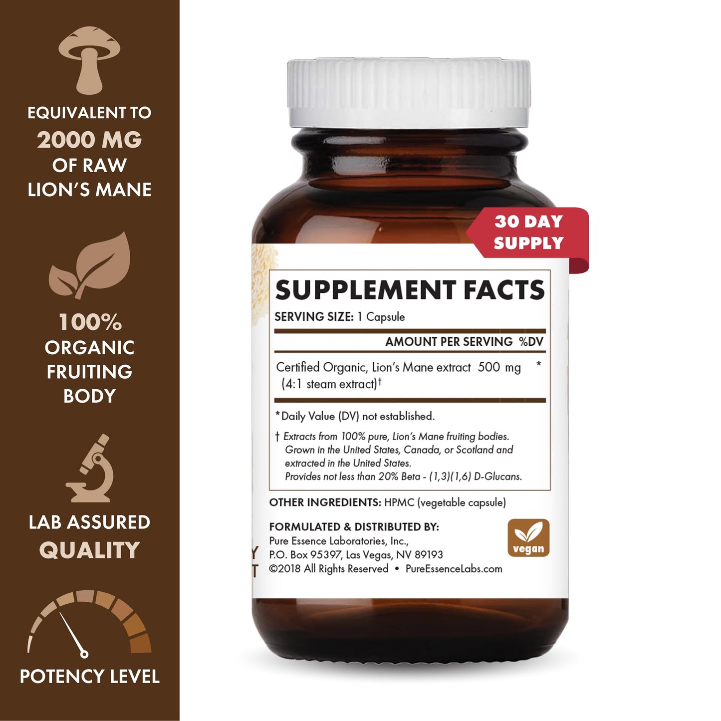 PURE ESSENCE LABS MyPure Lion's Mane 2X - Double Strength Brain Support Supplement Capsules, 30
