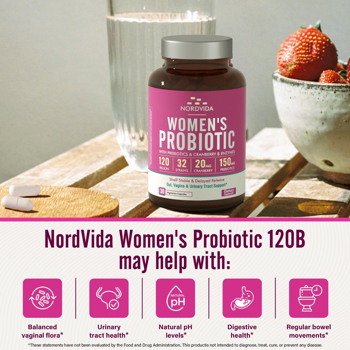 Nordvida Women's Probiotic, 120 Billion & 32 Strains with Cranberry, Prebiotics & Digestive Enzymes, Gut, Vaginal & Urinary Tract Support, 30 Delayed Release Capsules