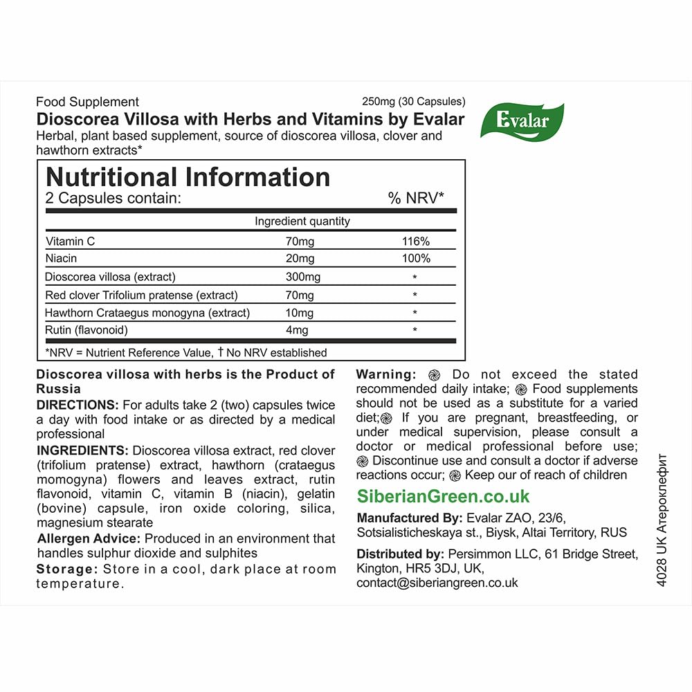 Evalar Dioscorea Villosa Wild Yam Red Clover Extract Ateroklefit Herb Capsules, 30 Count