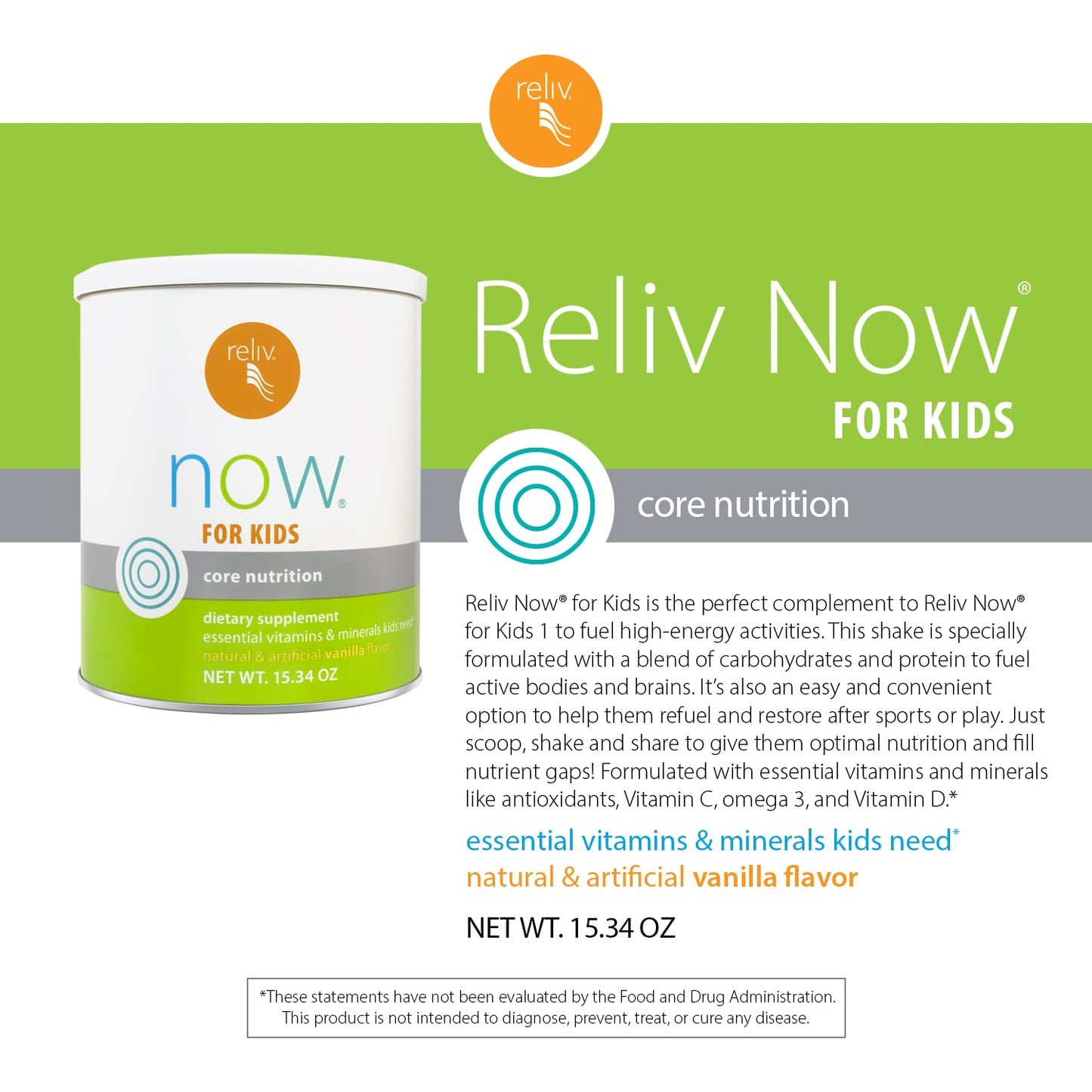 RELIV Now for Kids Vanilla Nutritional Shake Powder 15.34 oz