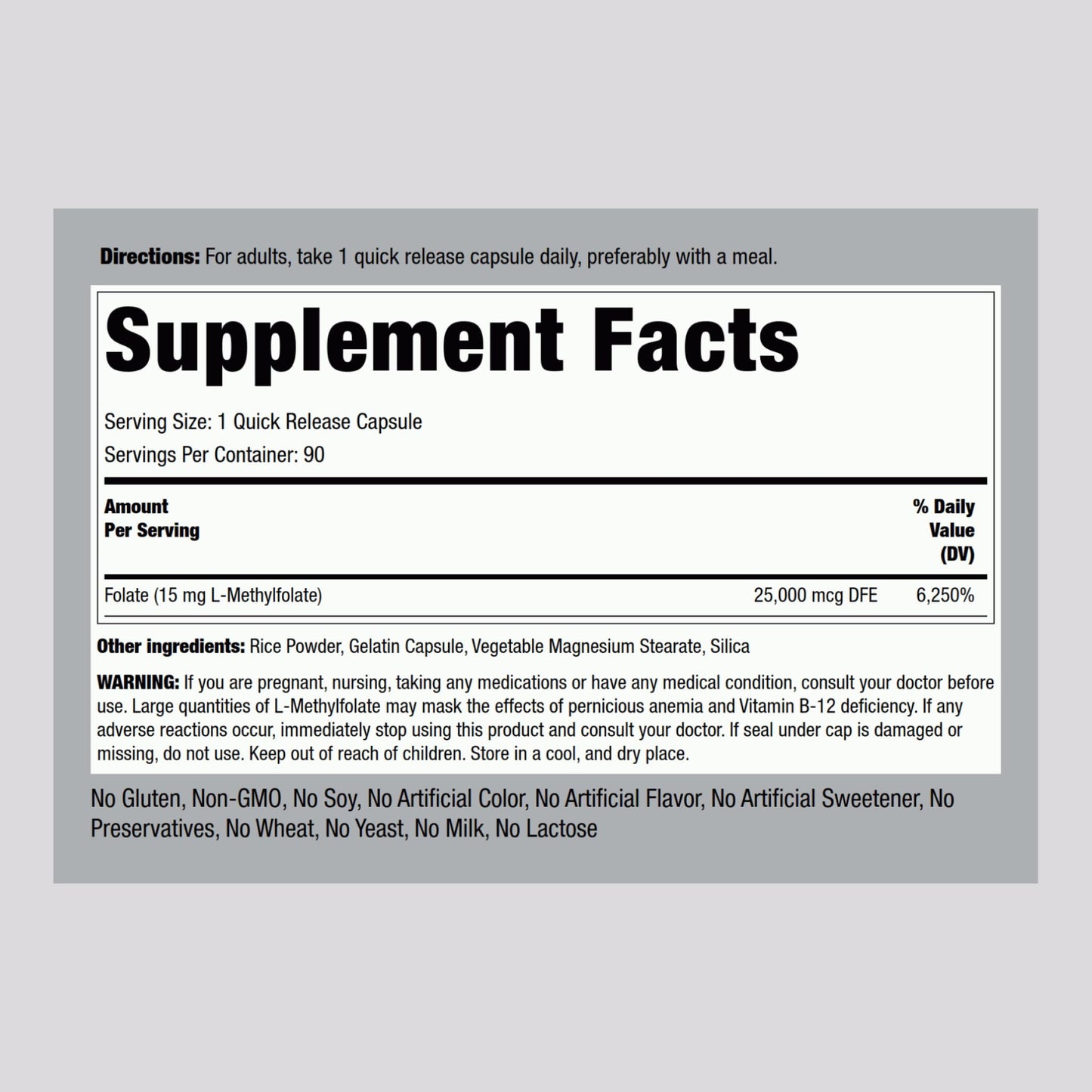 Piping Rock L-Methylfolate 15 mg Capsule, 90 Count